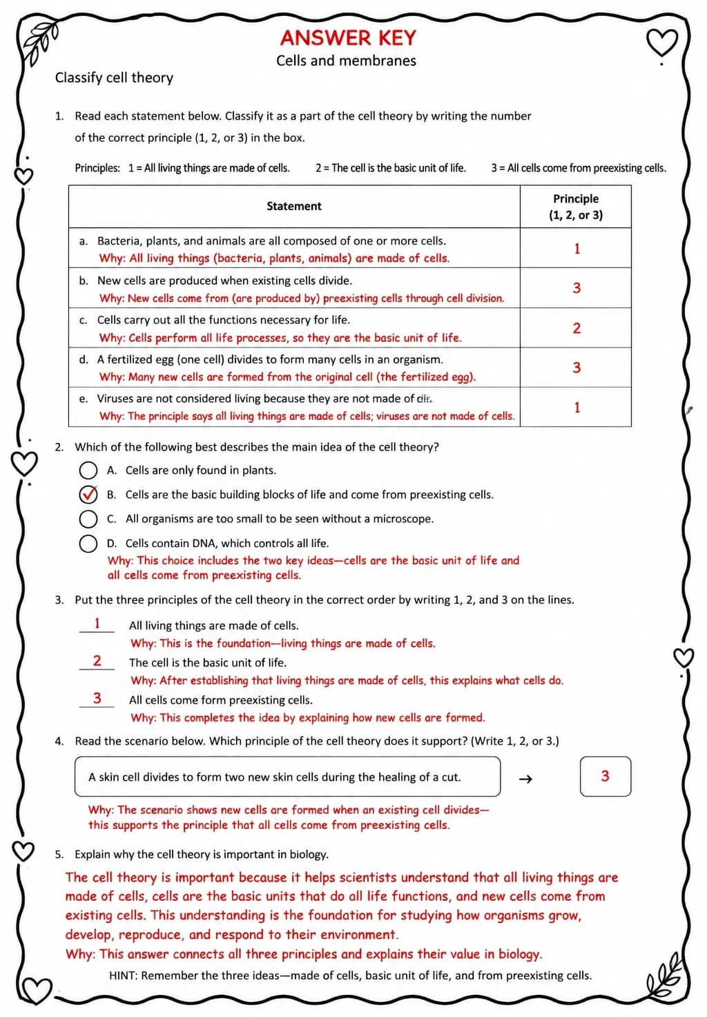 Answer key for Classify cell theory — free printable Science worksheet