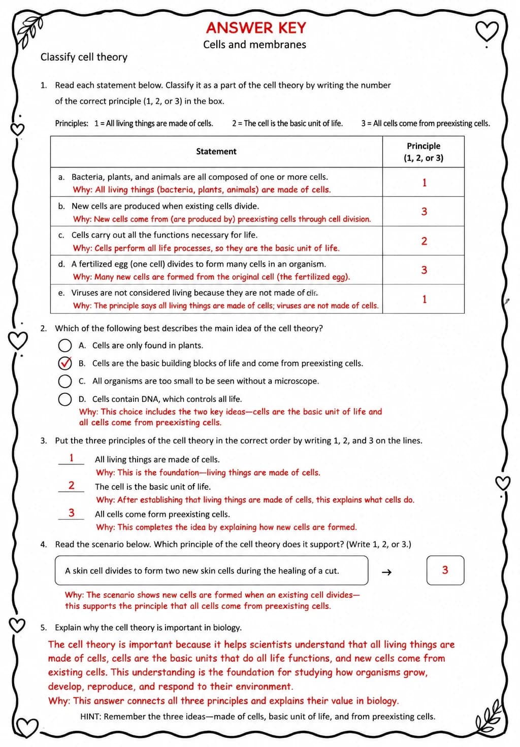 Answer key for Classify cell theory — free printable Science worksheet
