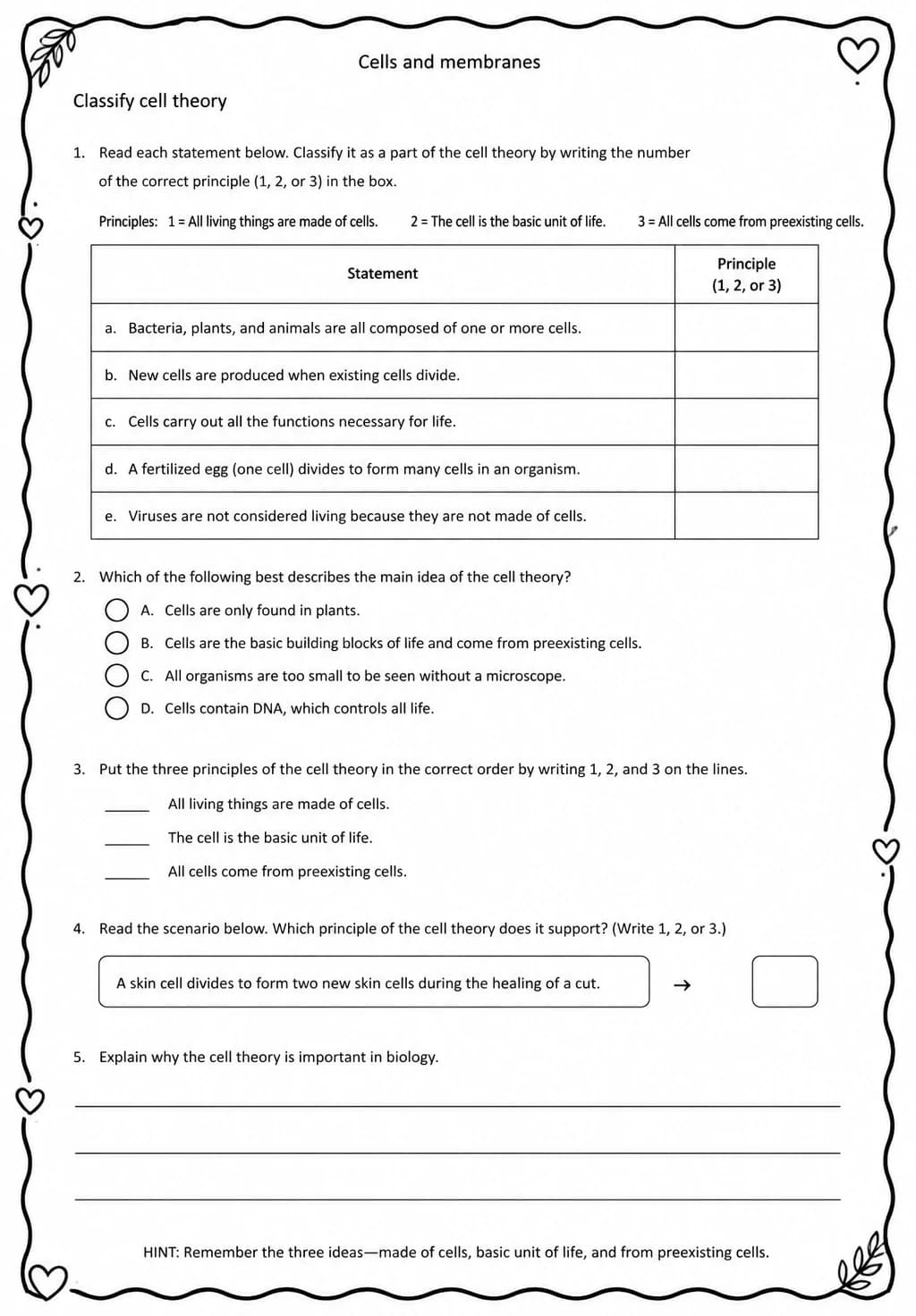 Classify cell theory — free printable High School Science worksheet