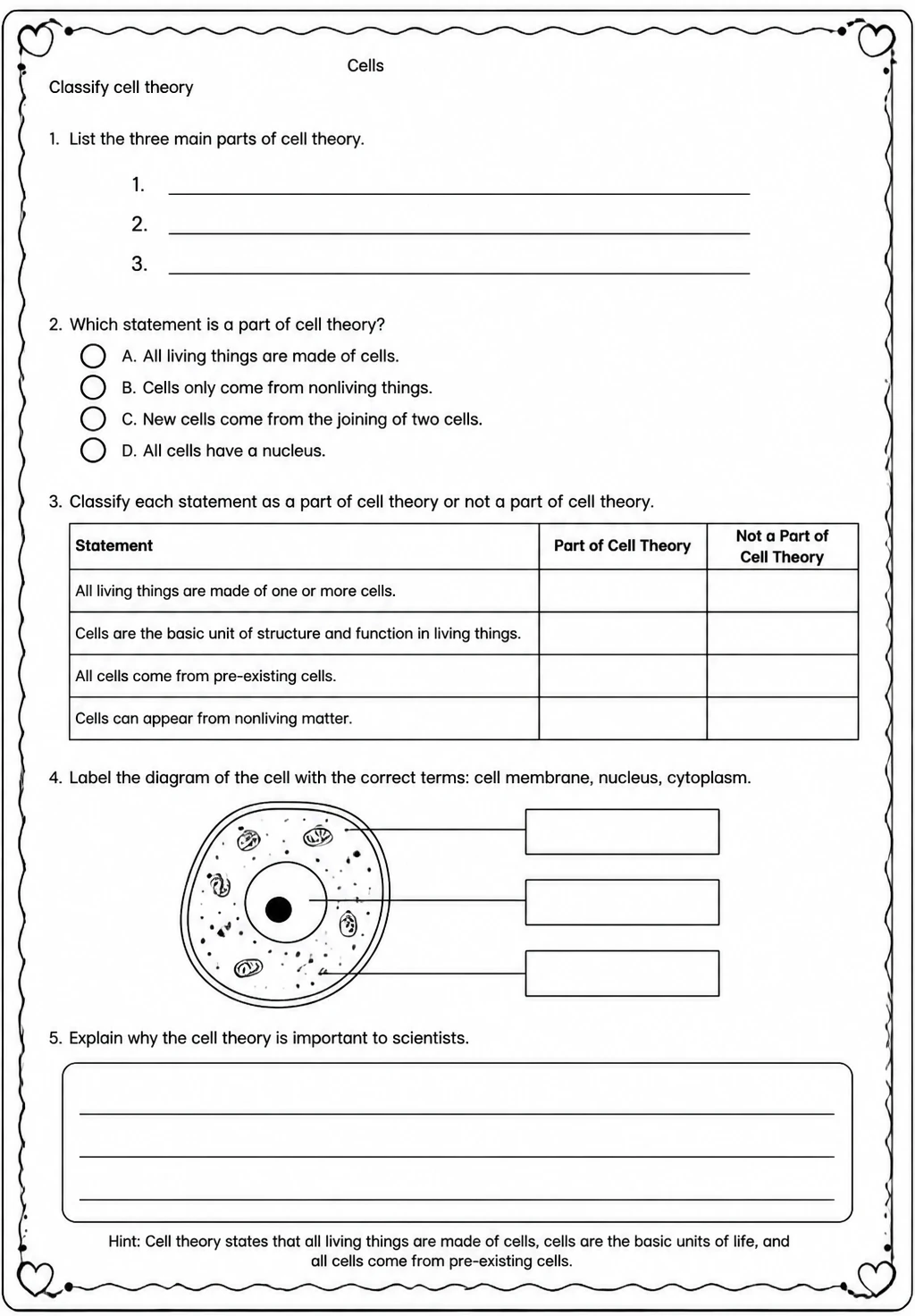 Classify cell theory — free printable Middle School Science worksheet
