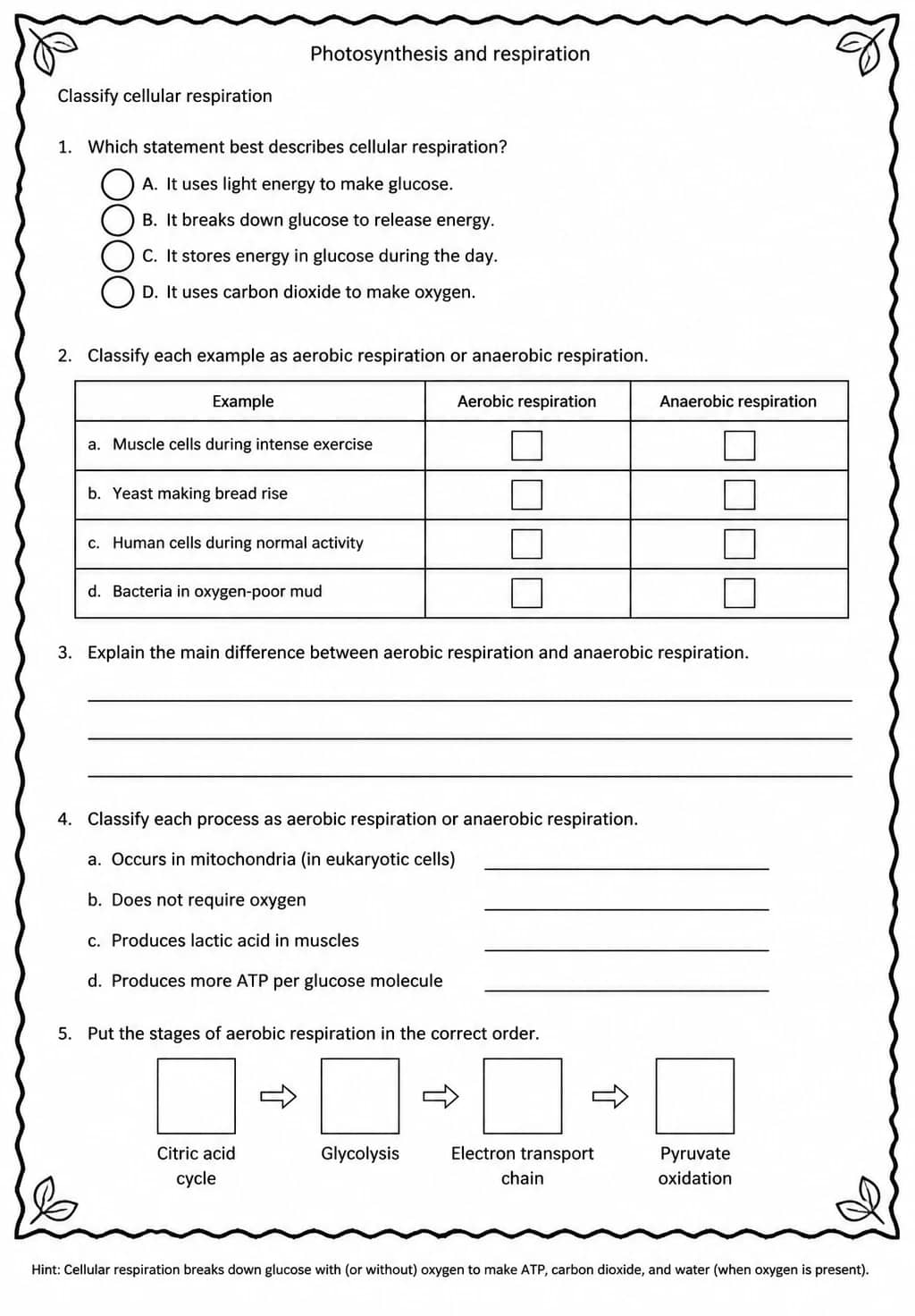 Classify cellular respiration — free printable High School Science worksheet