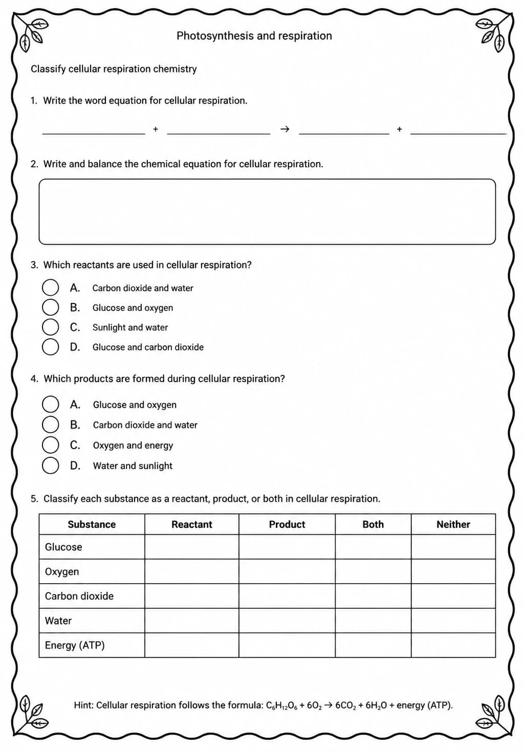 Classify cellular respiration chemistry — free printable Middle School Science worksheet
