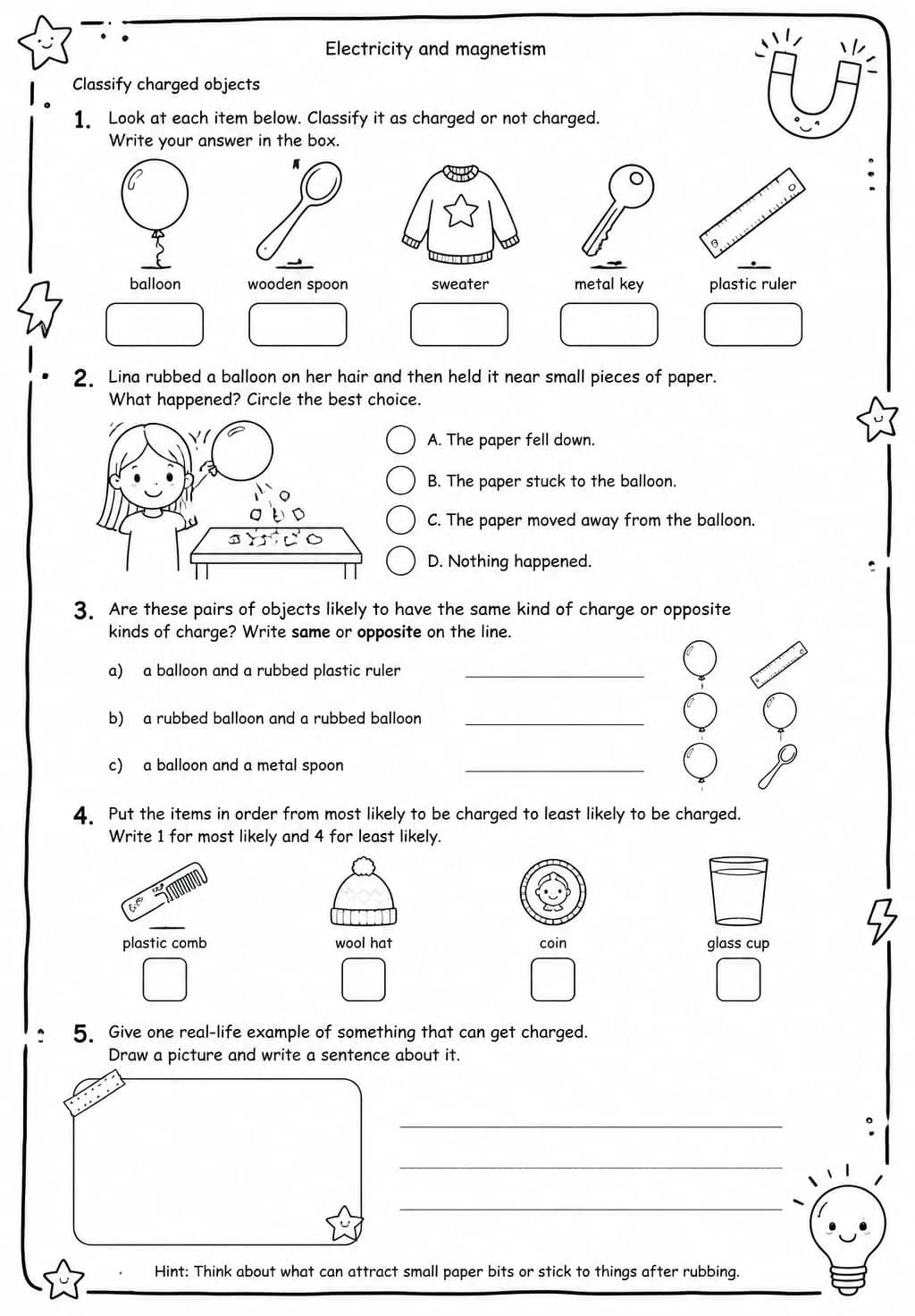 Classify charged objects — free printable Grade 3 Science worksheet