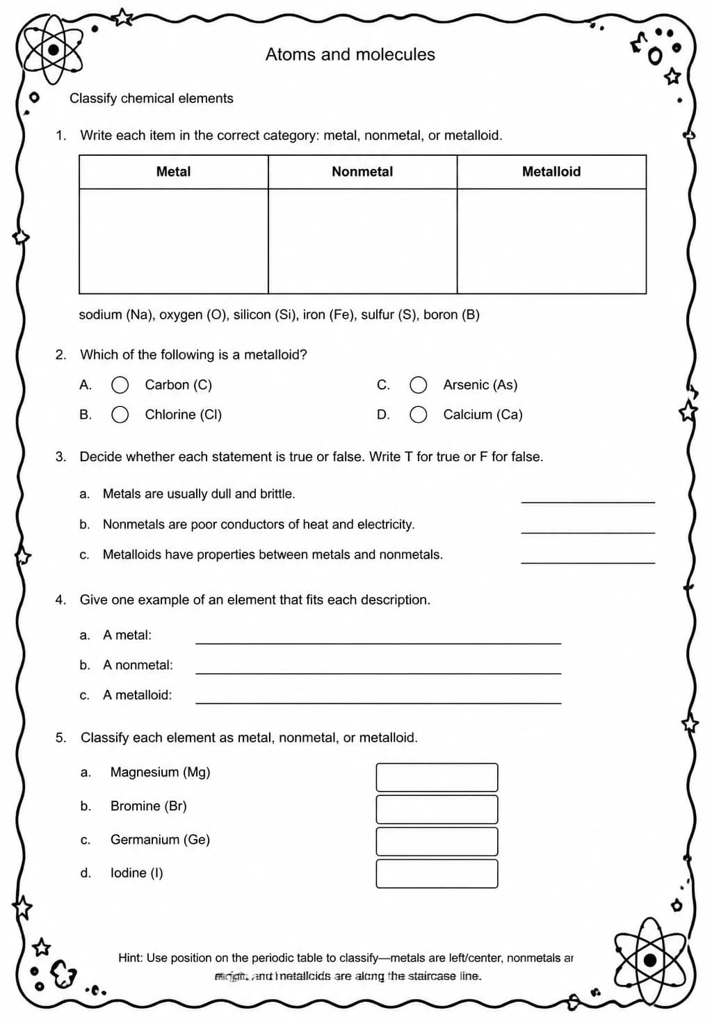 Classify chemical elements — free printable Middle School Science worksheet