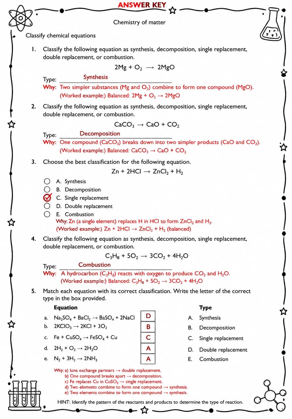Answer key for Classify chemical equations — free printable Science worksheet