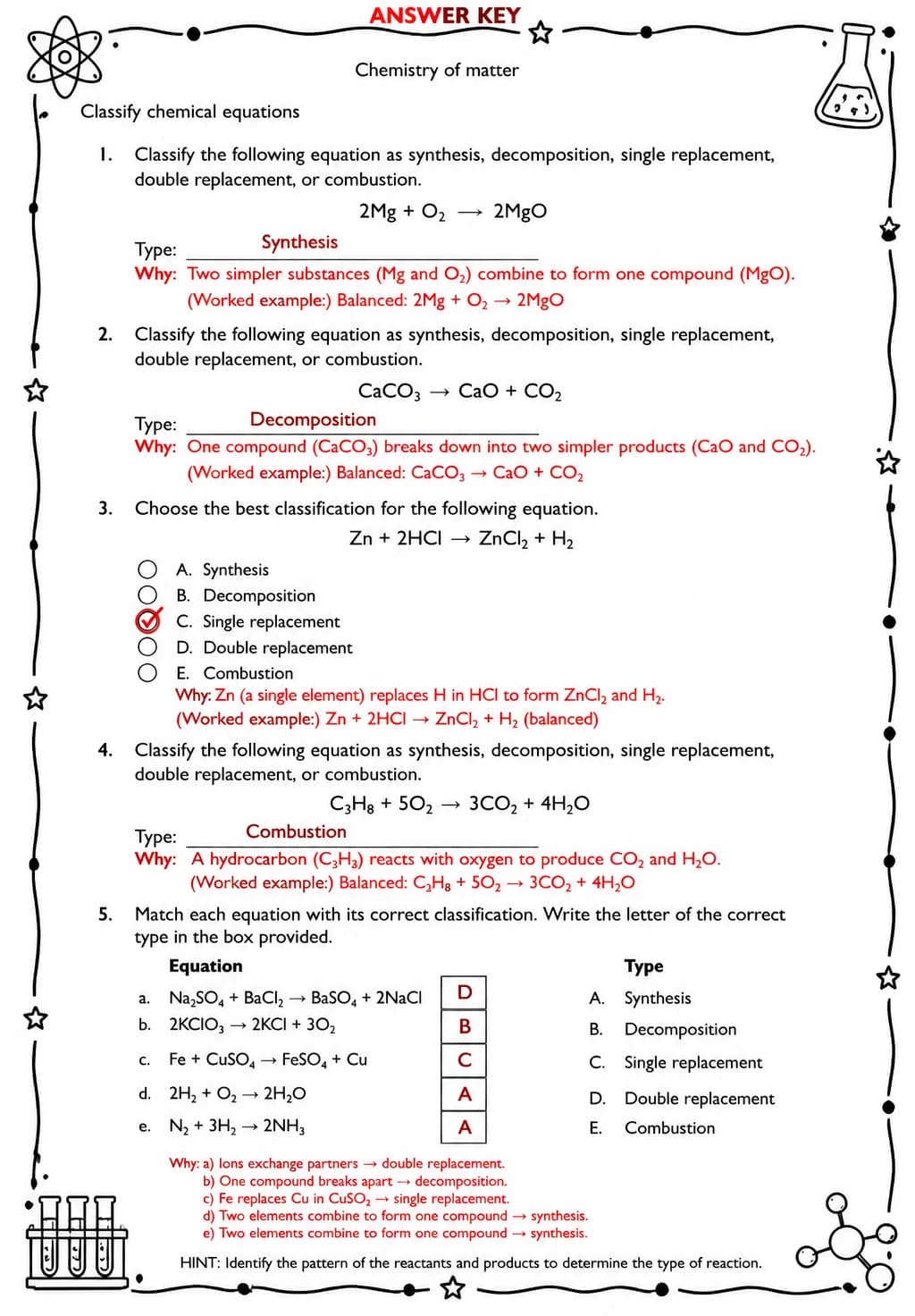 Answer key for Classify chemical equations — free printable Science worksheet