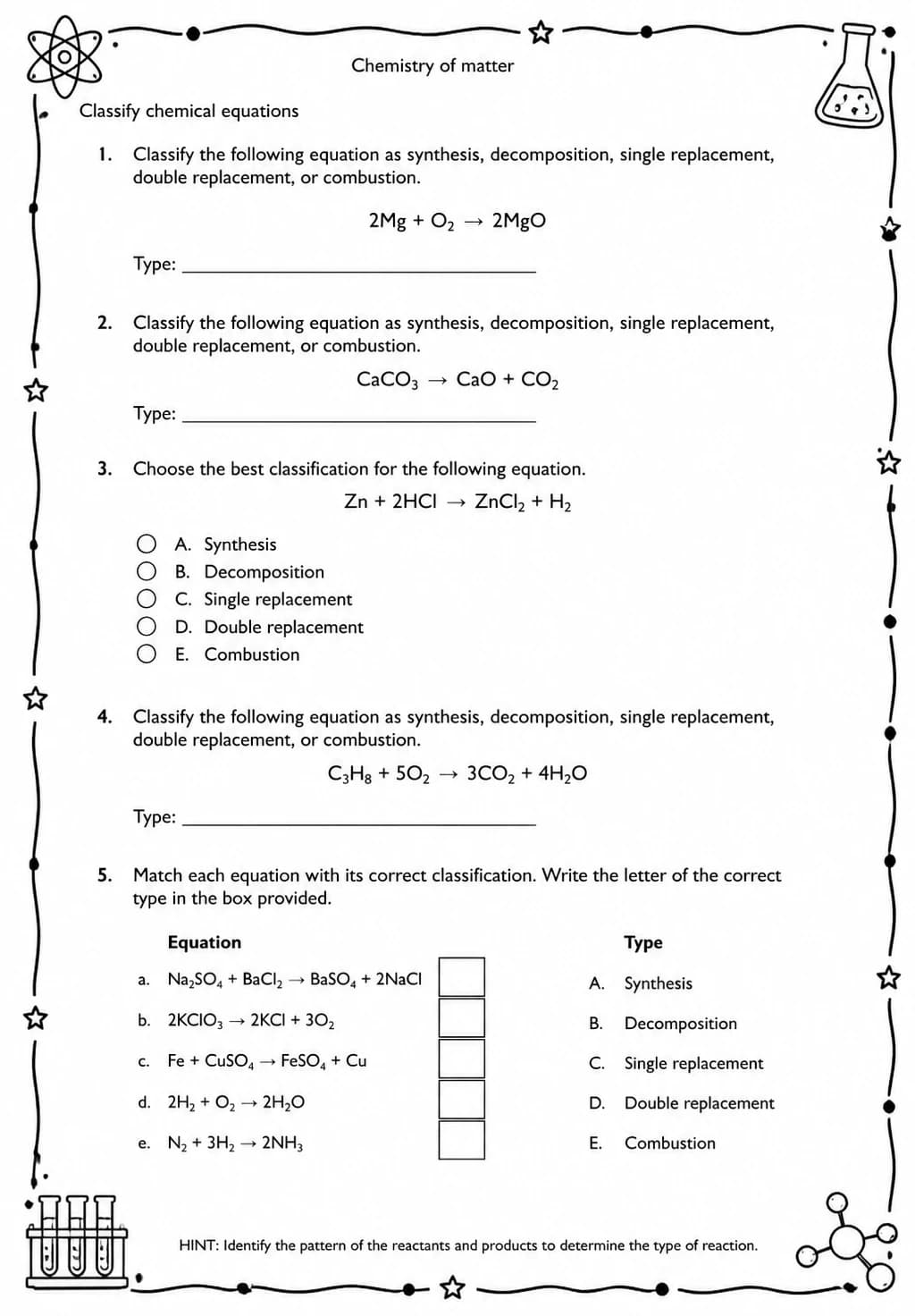 Classify chemical equations — free printable Middle School Science worksheet