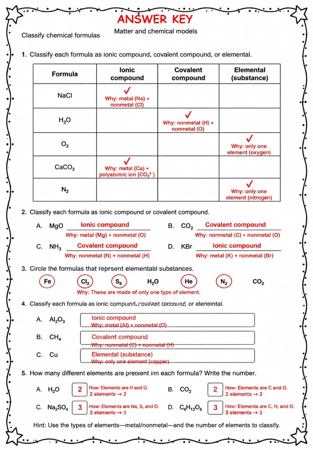 Answer key for Classify chemical formulas — free printable Science worksheet
