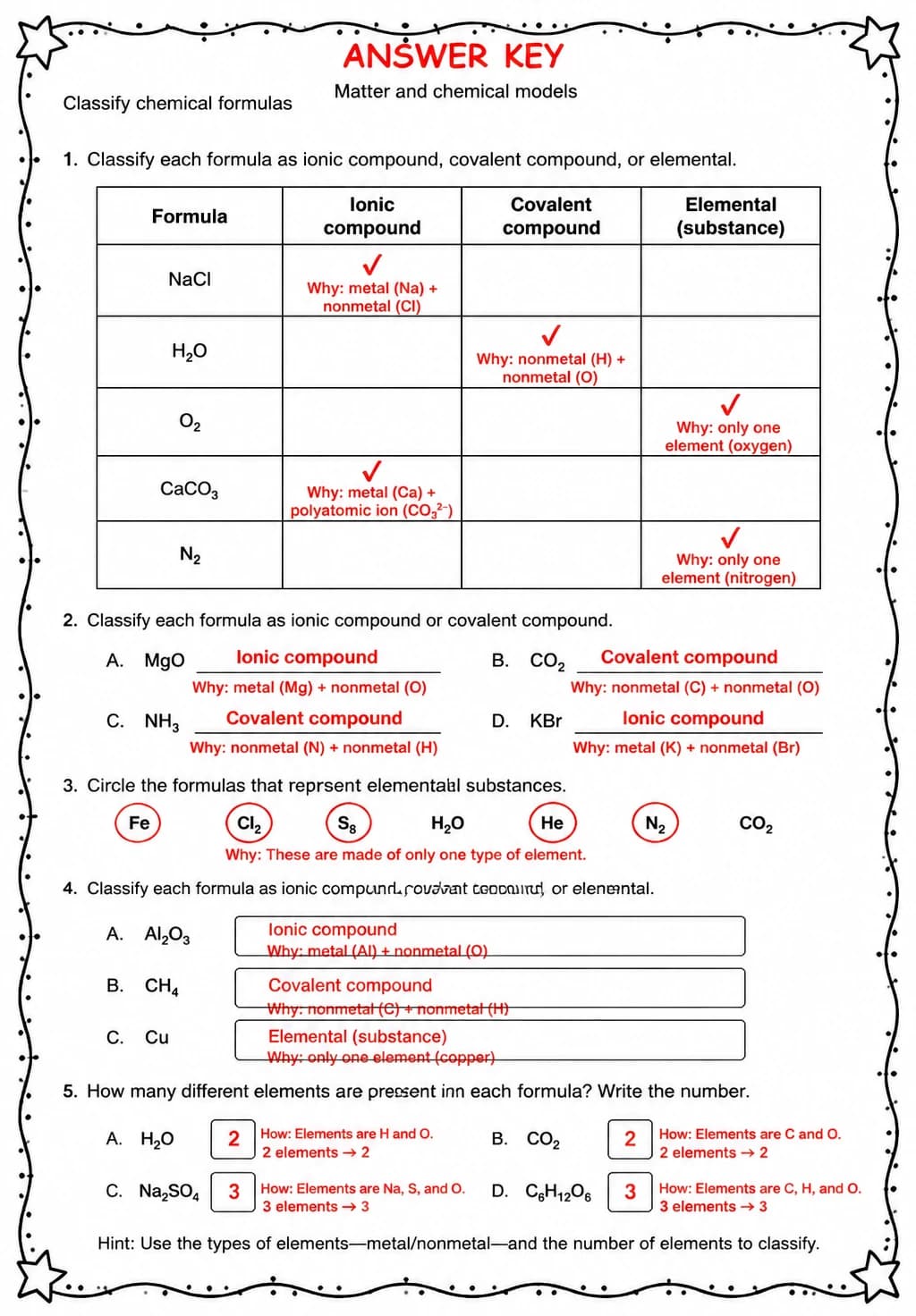 Answer key for Classify chemical formulas — free printable Science worksheet