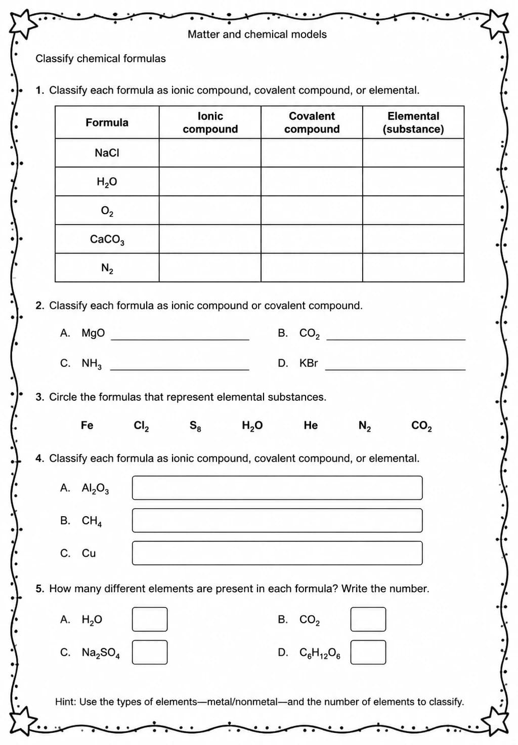 Classify chemical formulas — free printable Grade 5 Science worksheet