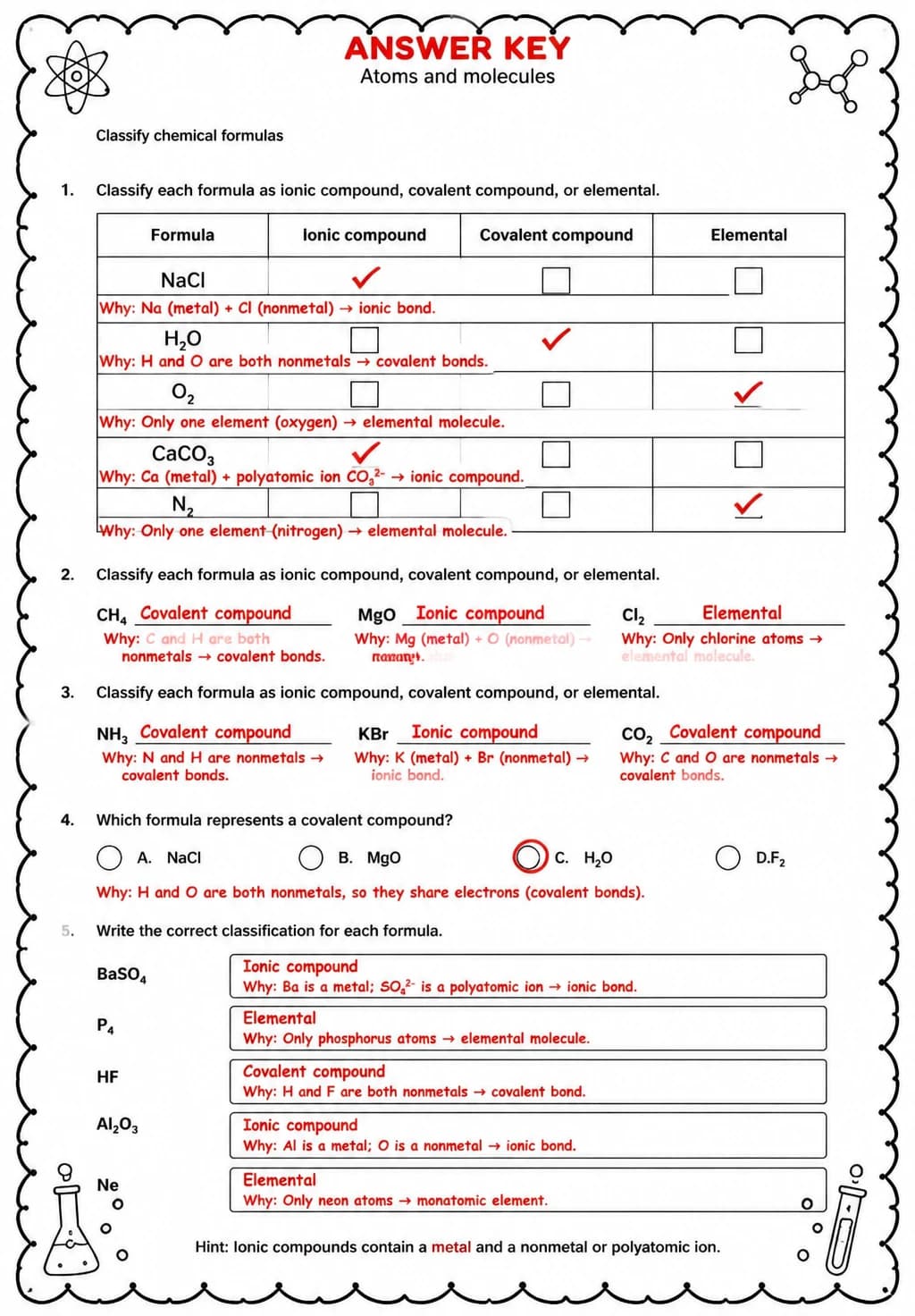 Answer key for Classify chemical formulas — free printable Science worksheet