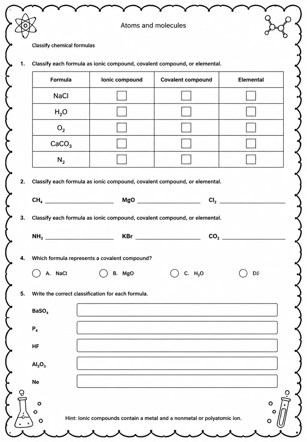 Classify chemical formulas — free printable Middle School Science worksheet