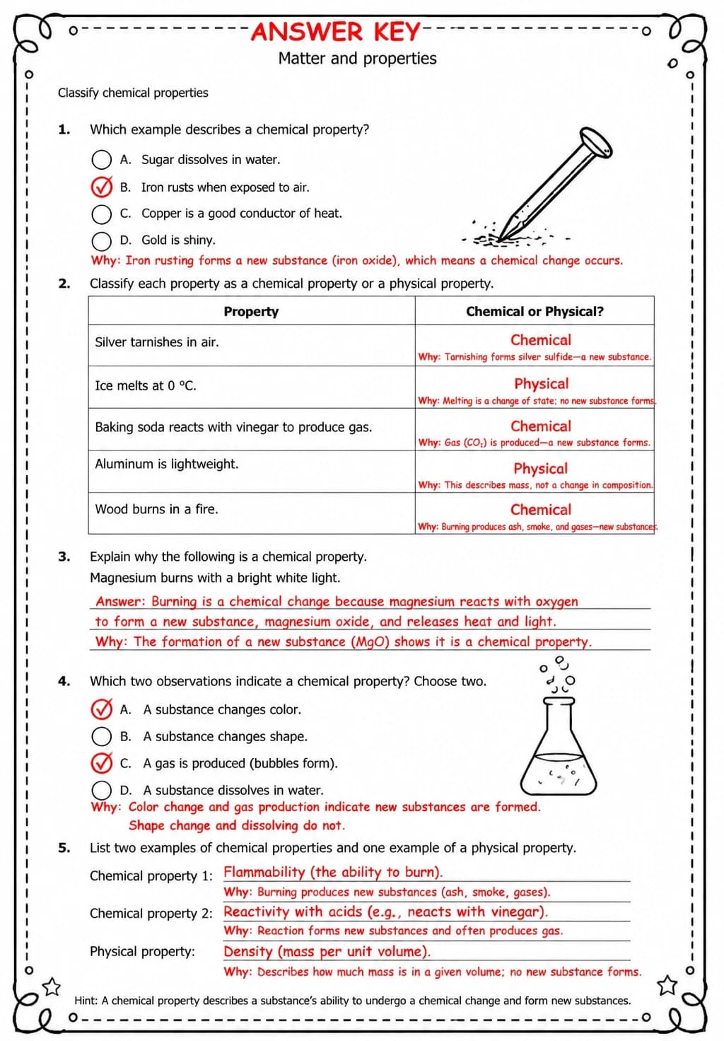 Answer key for Classify chemical properties — free printable Science worksheet