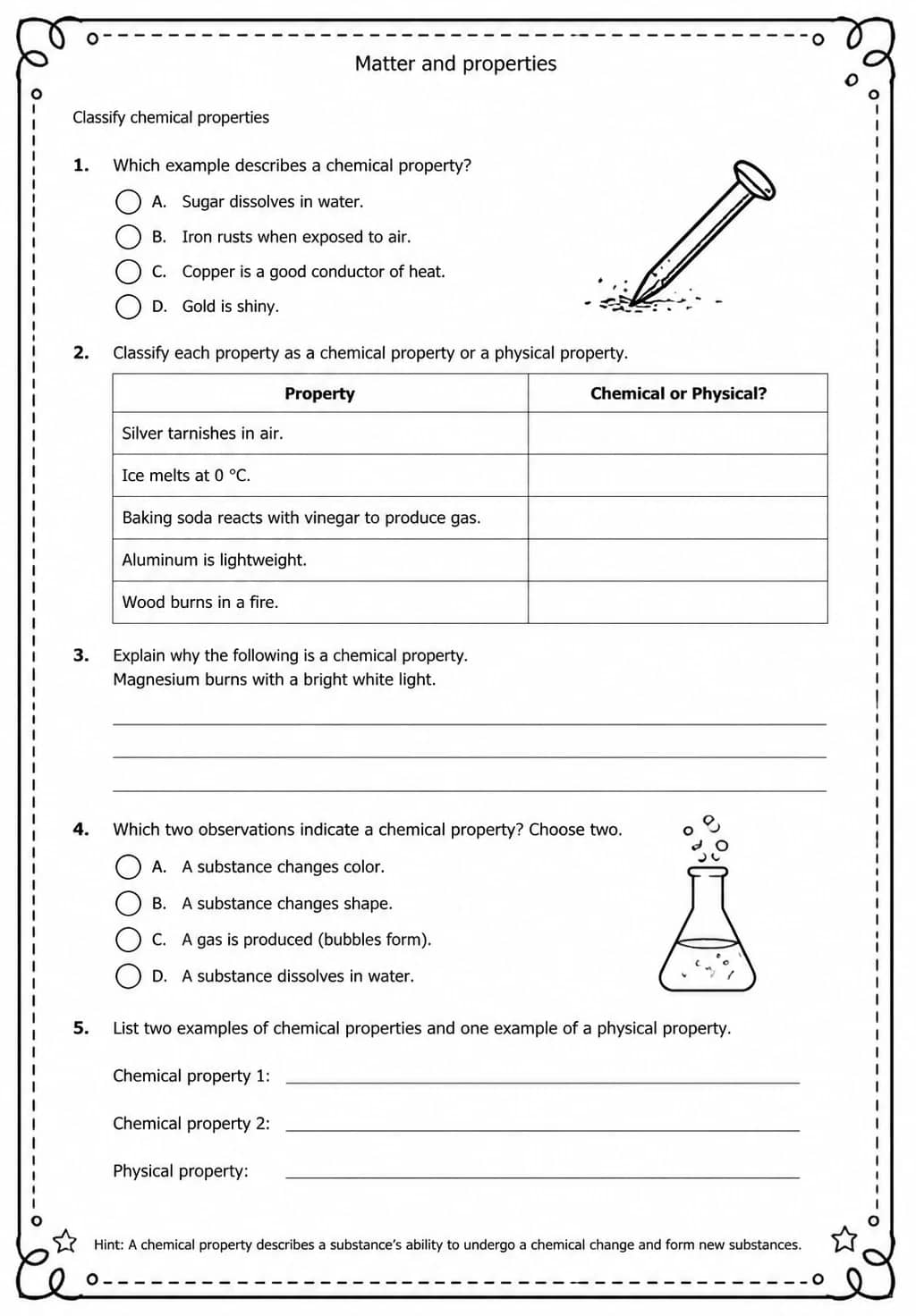 Classify chemical properties — free printable High School Science worksheet