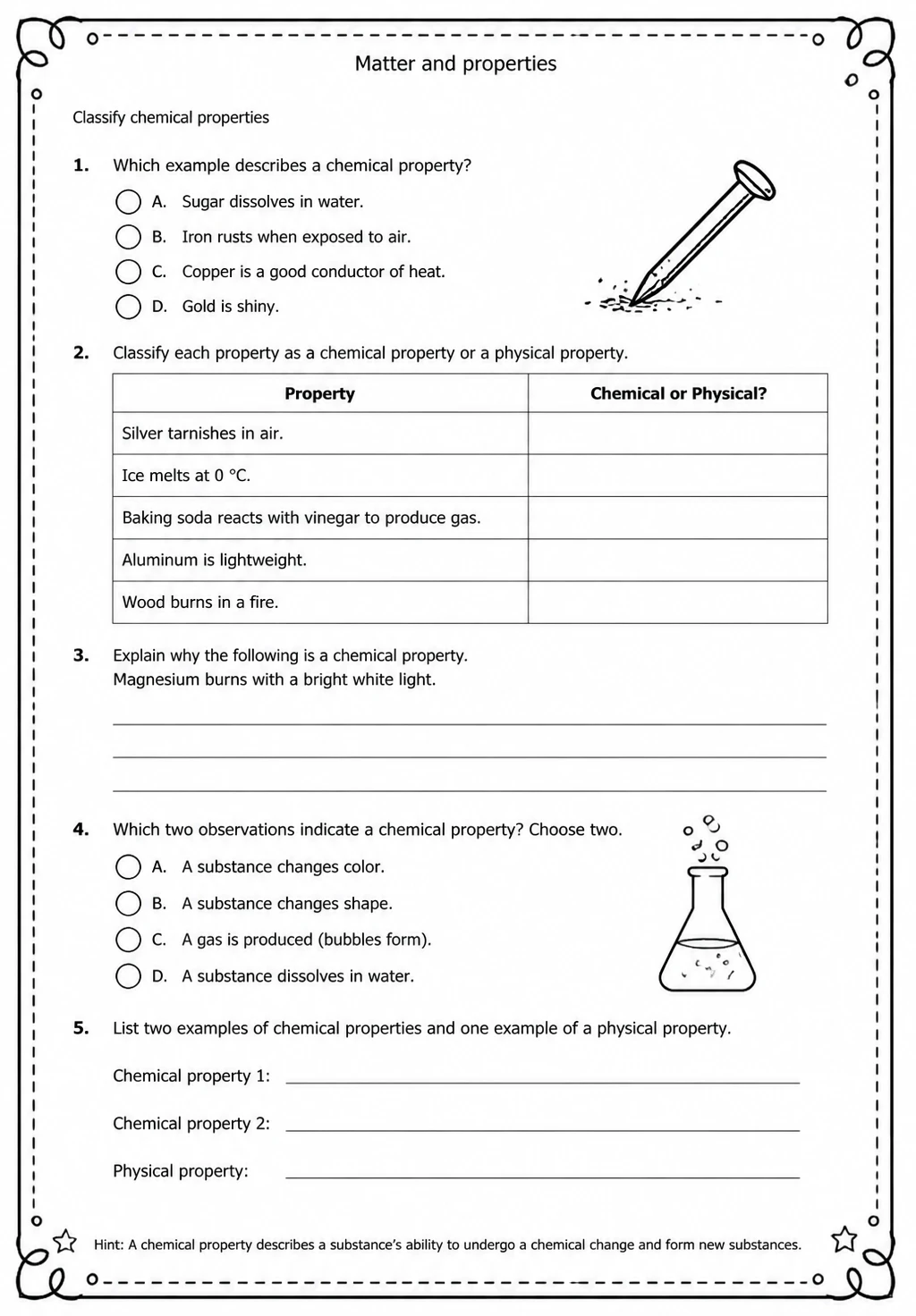 Classify chemical properties — free printable High School Science worksheet