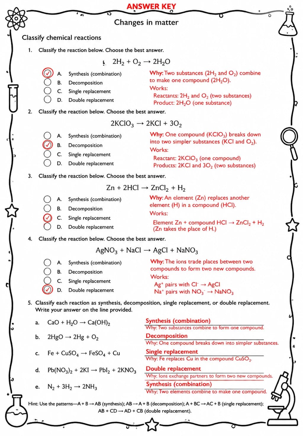 Answer key for Classify chemical reactions — free printable Science worksheet
