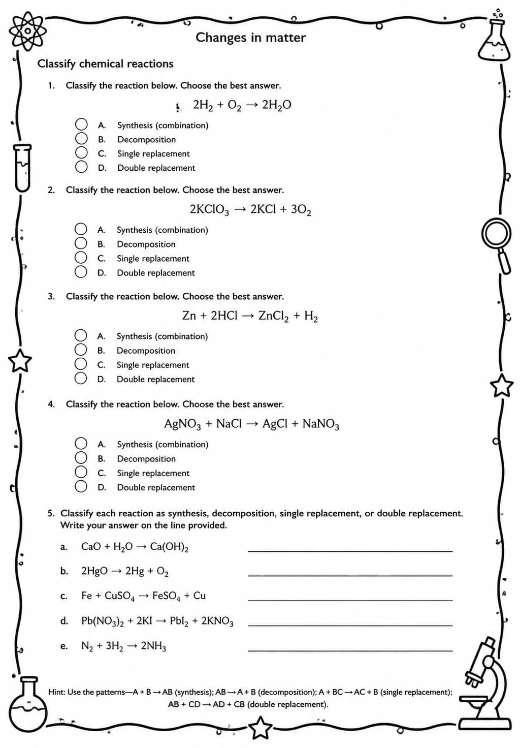 Classify chemical reactions — free printable Grade 5 Science worksheet