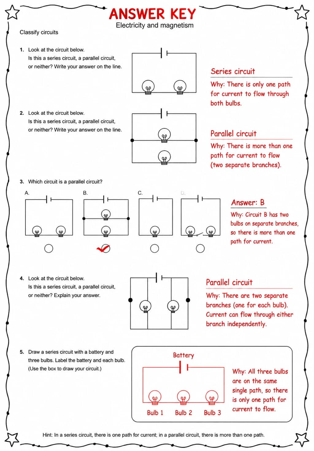 Answer key for Classify circuits — free printable Science worksheet
