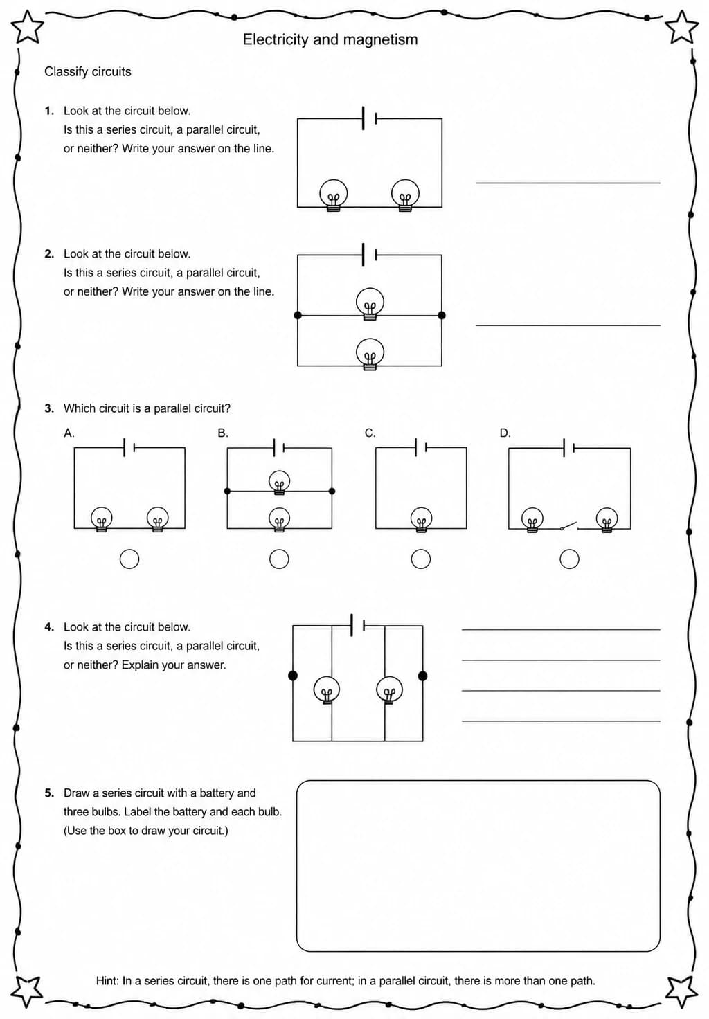 Classify circuits — free printable Middle School Science worksheet