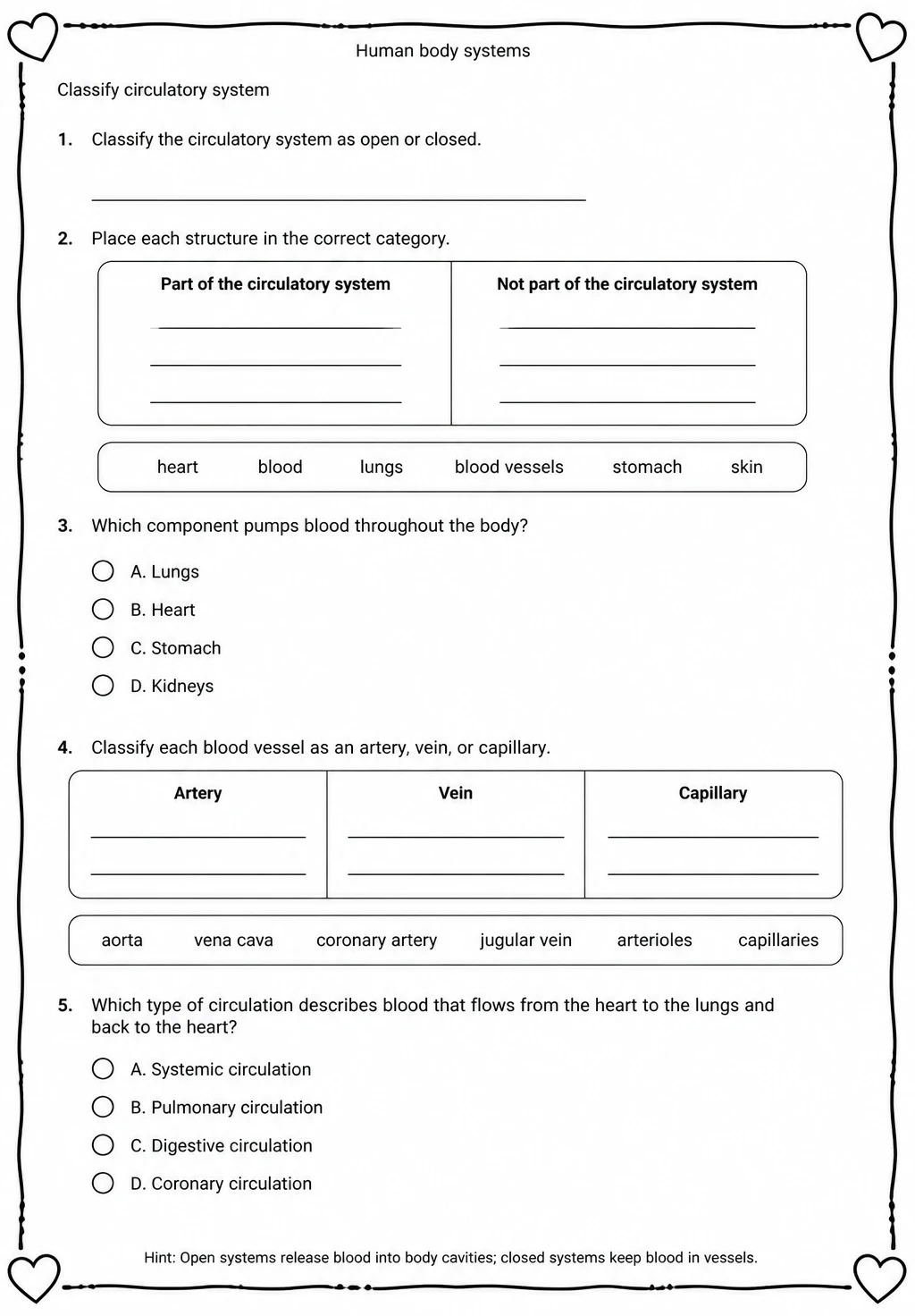 Classify circulatory system — free printable High School Science worksheet