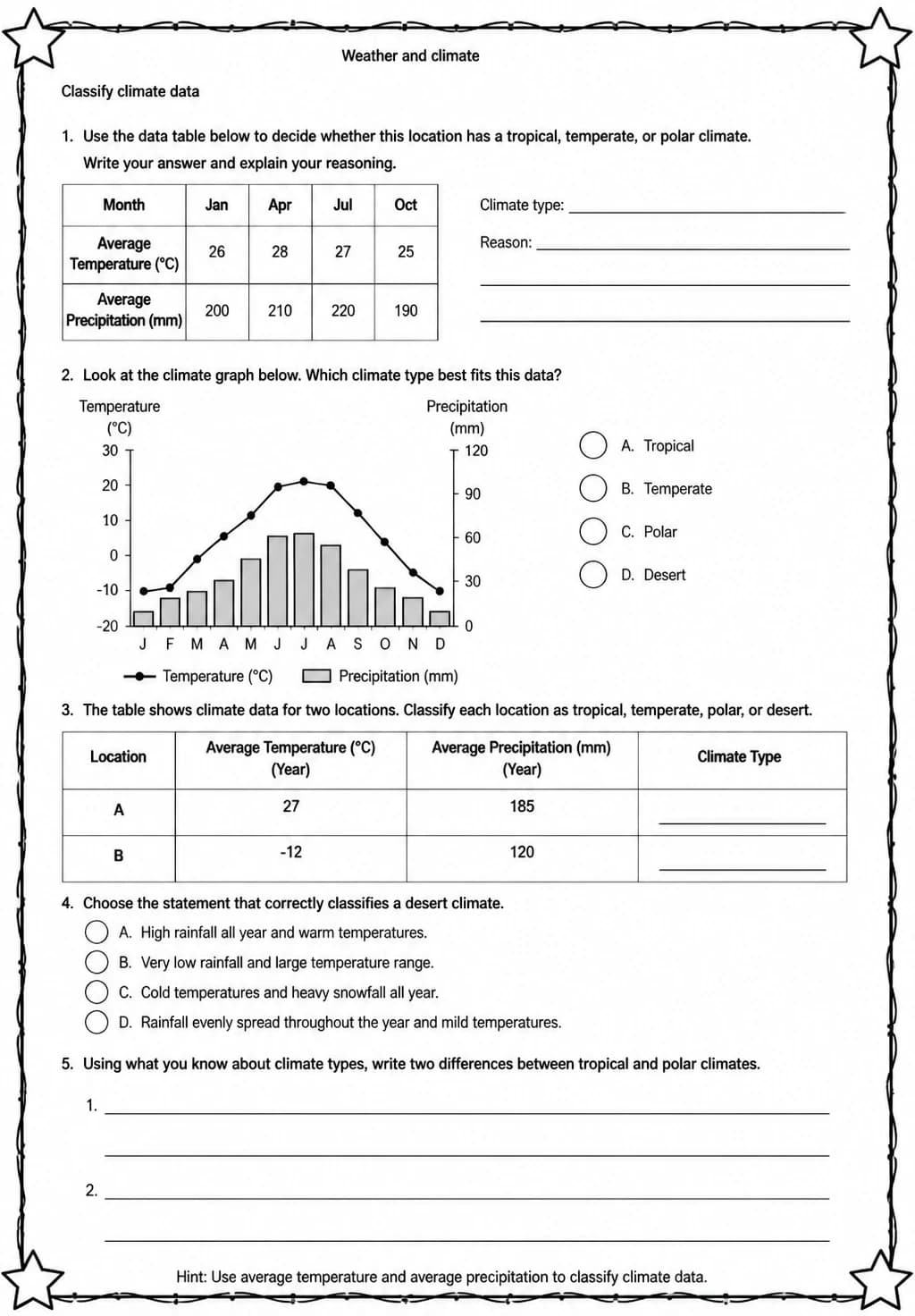 Classify climate data — free printable Middle School Science worksheet