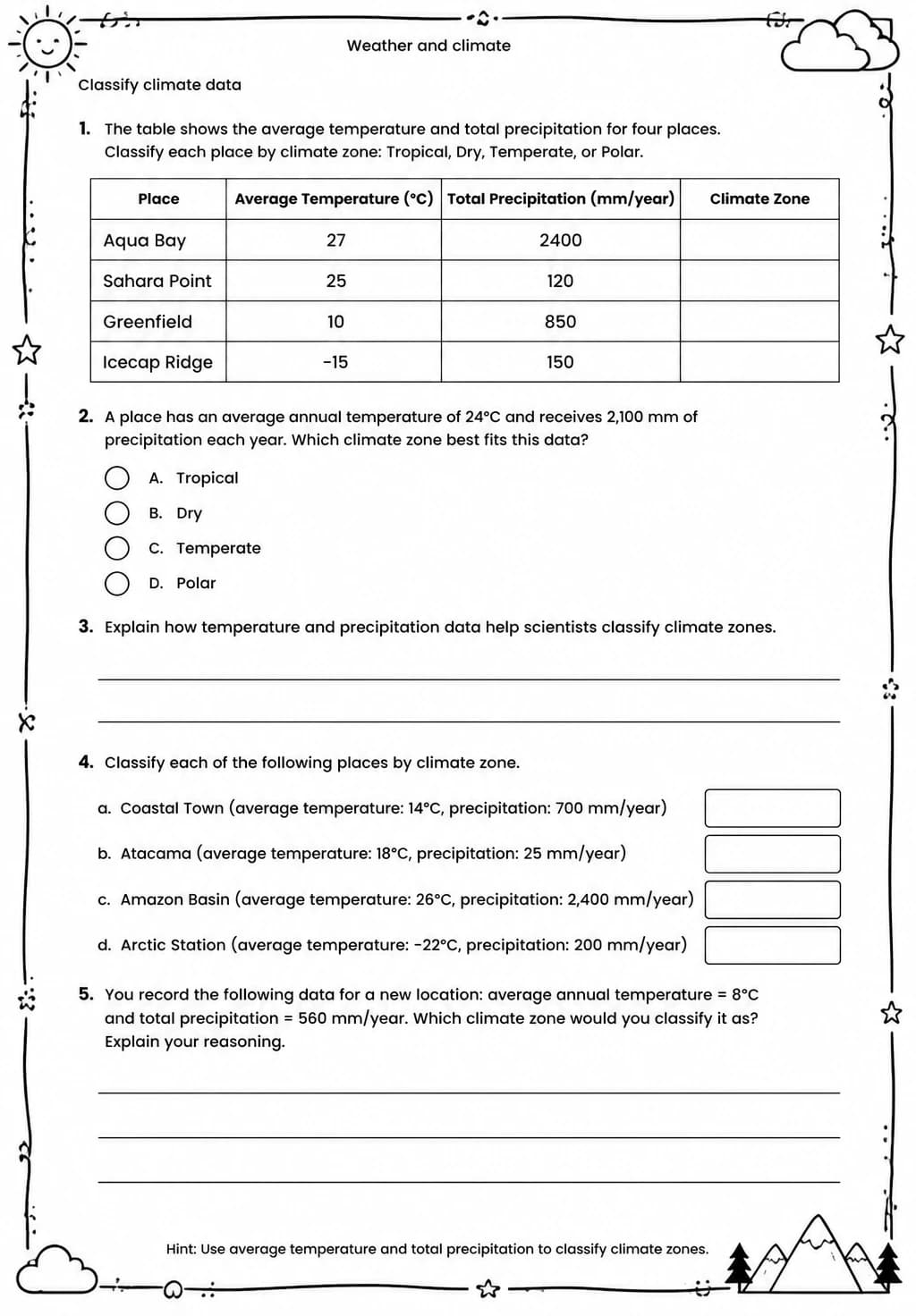 Classify climate data — free printable Middle School Science worksheet