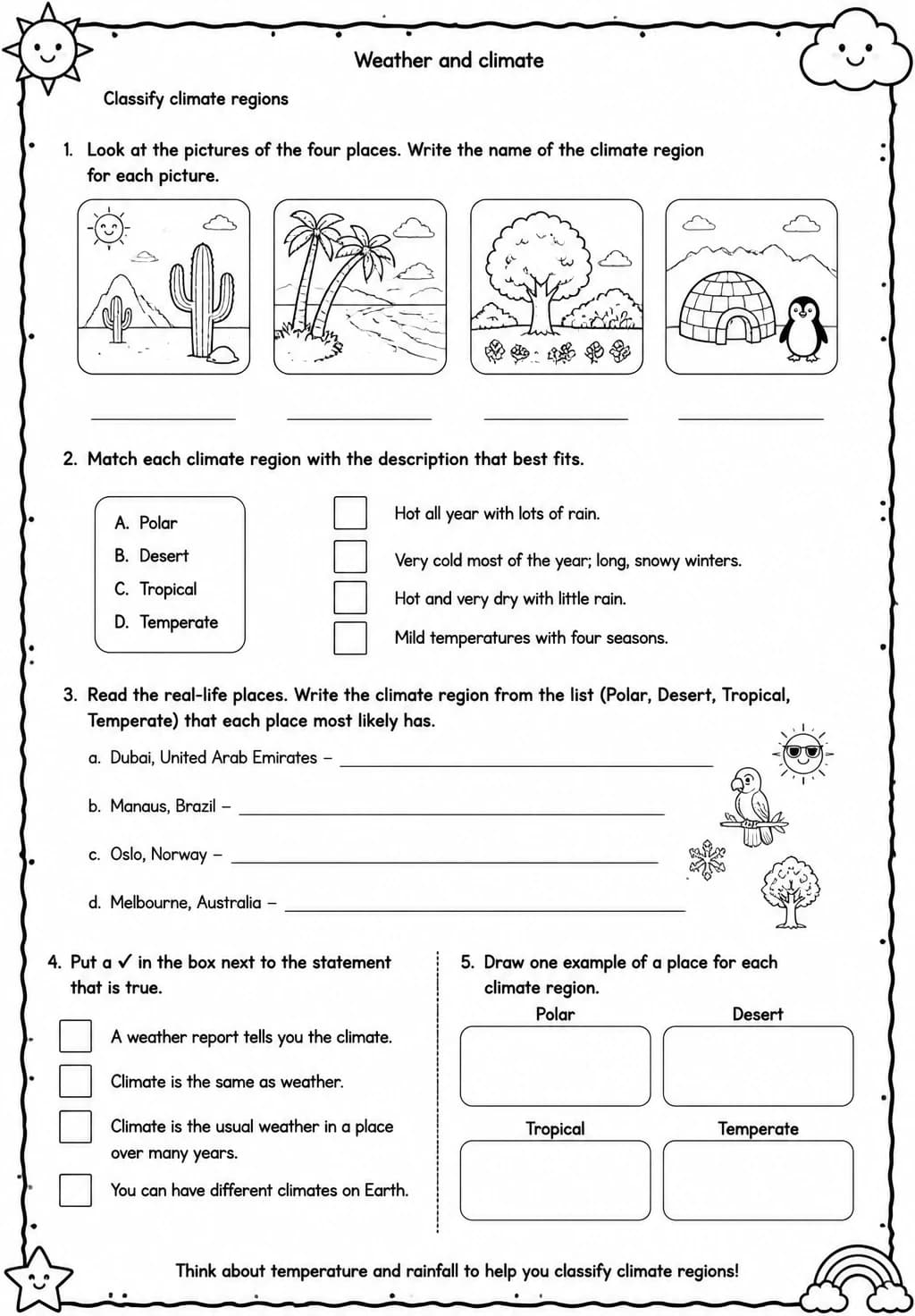 Classify climate regions — free printable Grade 4 Science worksheet