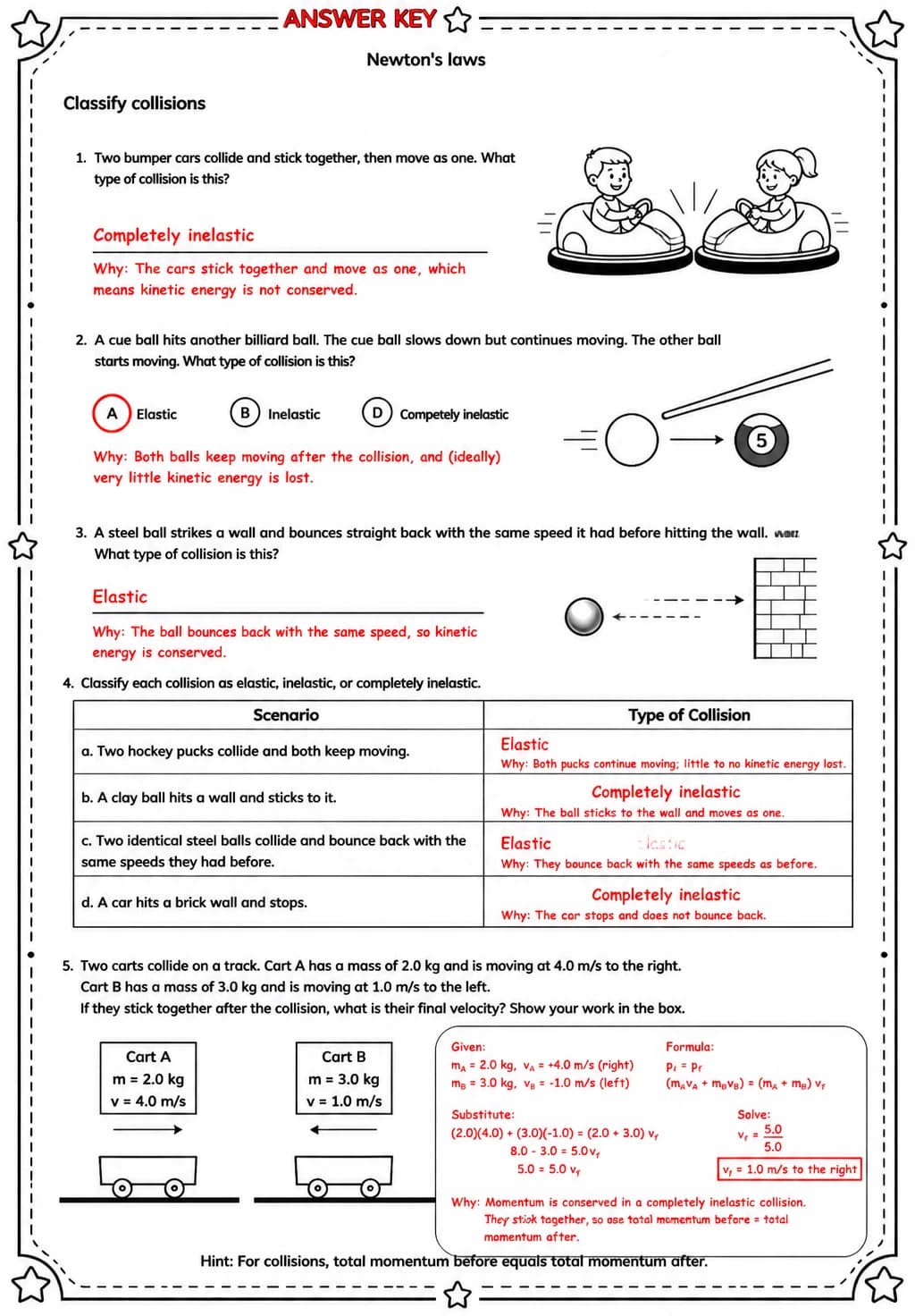 Answer key for Classify collisions — free printable Science worksheet
