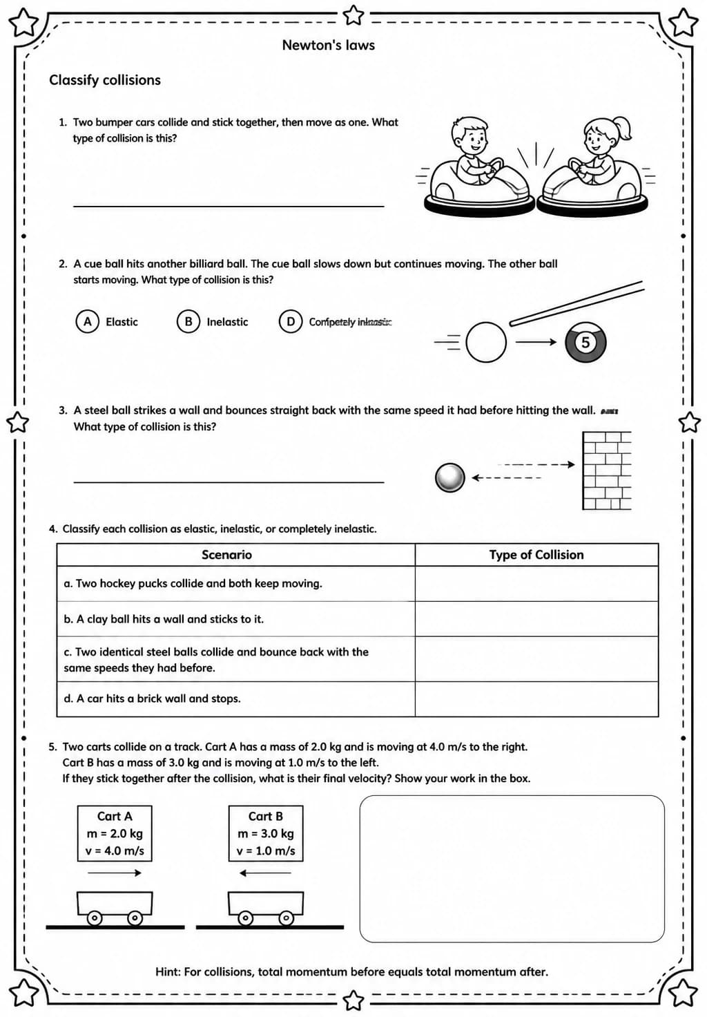 Classify collisions — free printable Middle School Science worksheet