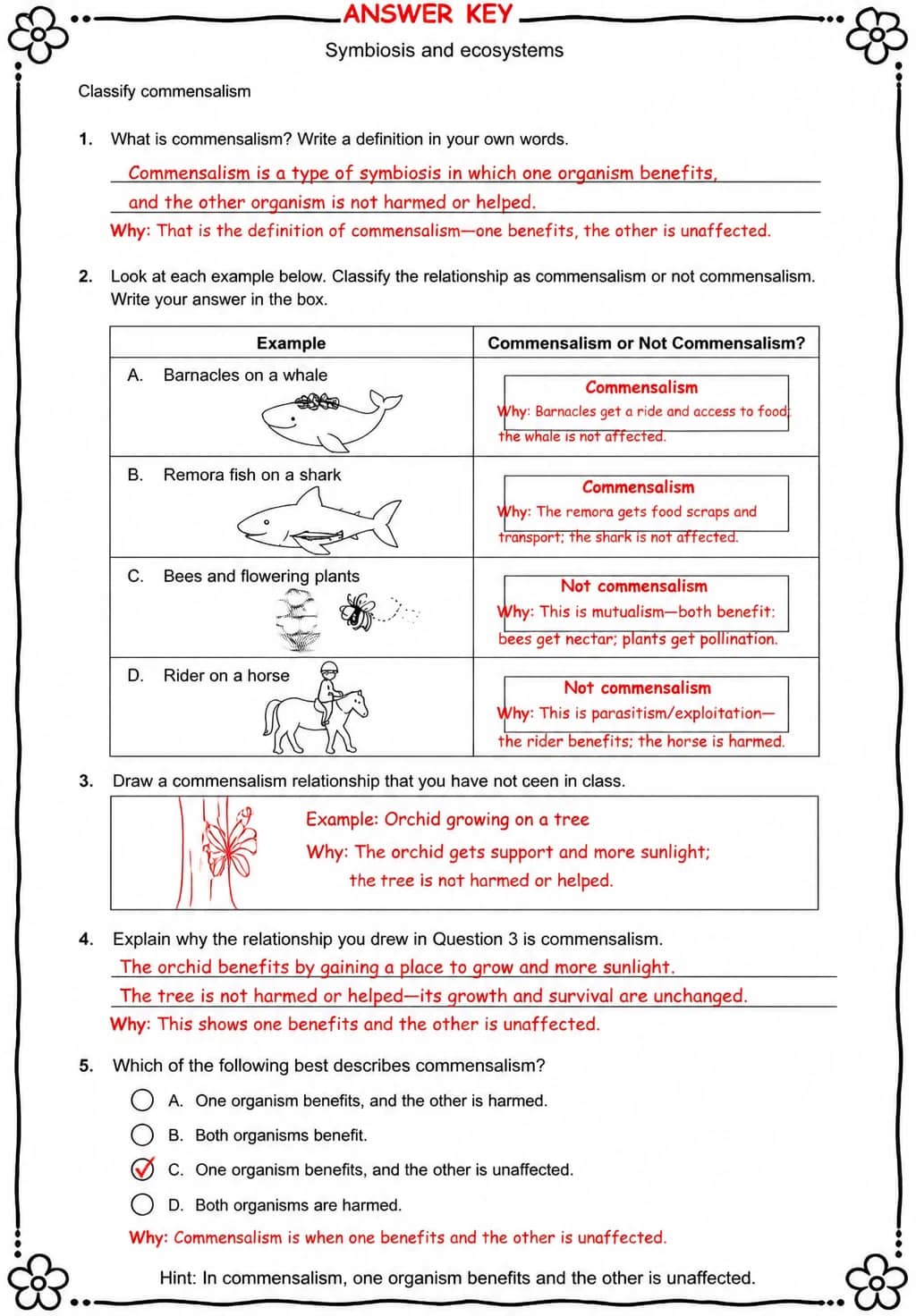 Answer key for Classify commensalism — free printable Science worksheet