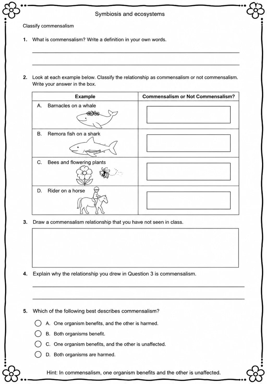 Classify commensalism — free printable Middle School Science worksheet