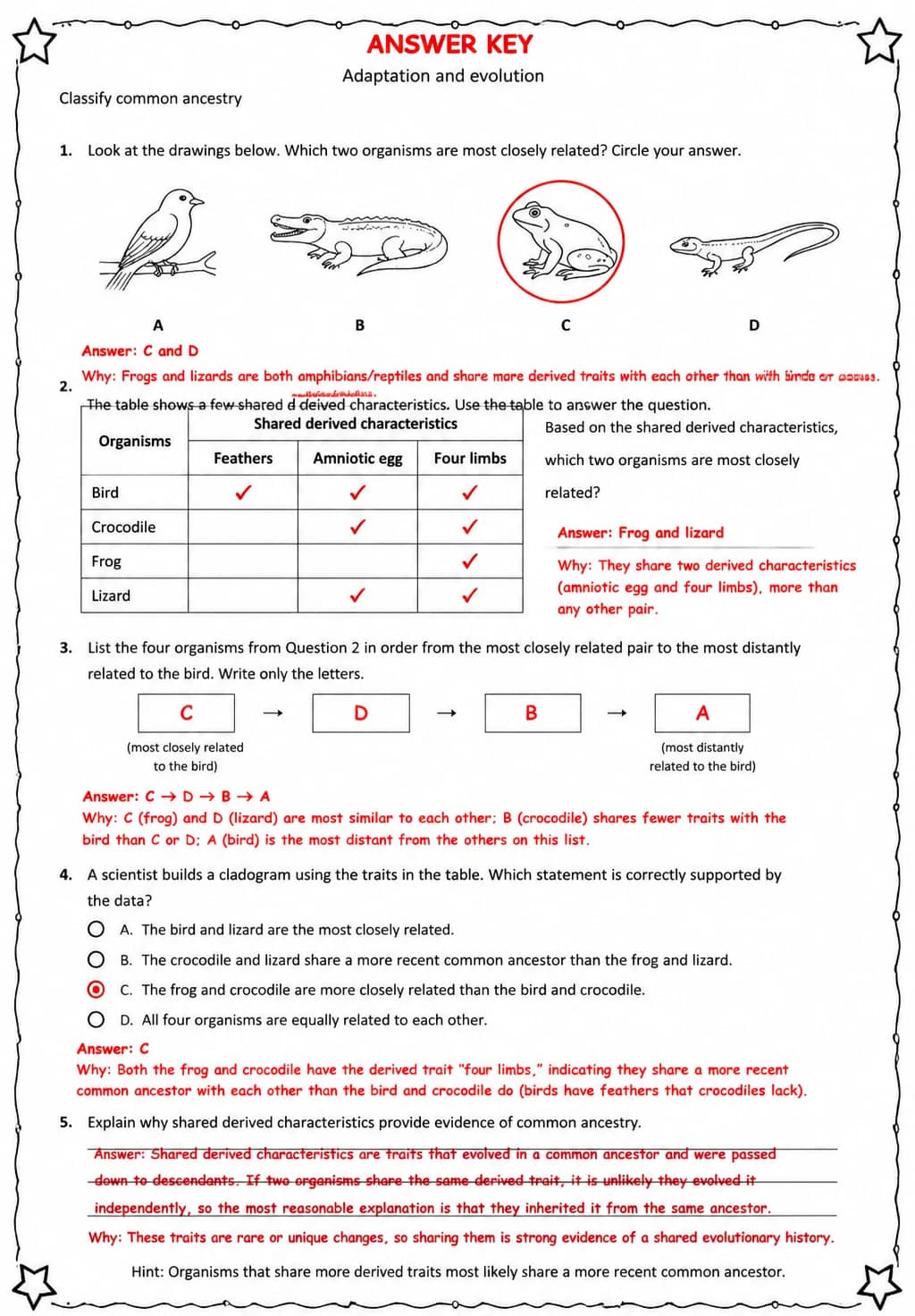 Answer key for Classify common ancestry — free printable Science worksheet