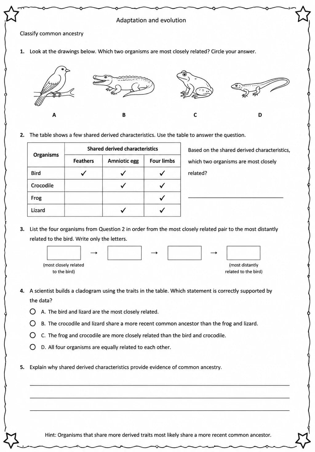 Classify common ancestry — free printable Middle School Science worksheet