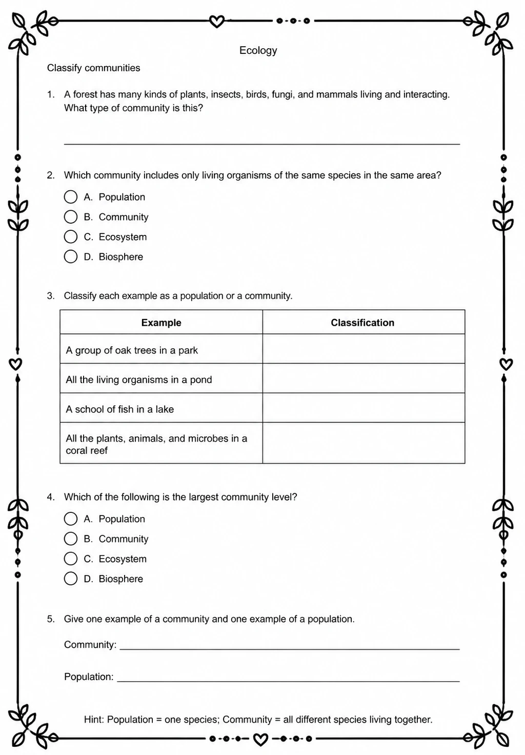 Classify communities — free printable High School Science worksheet