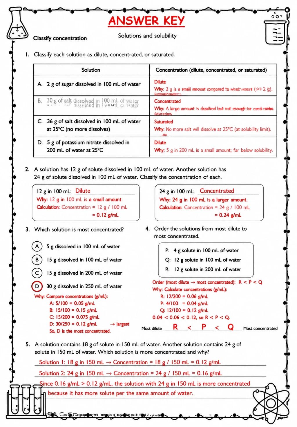 Answer key for Classify concentration — free printable Science worksheet