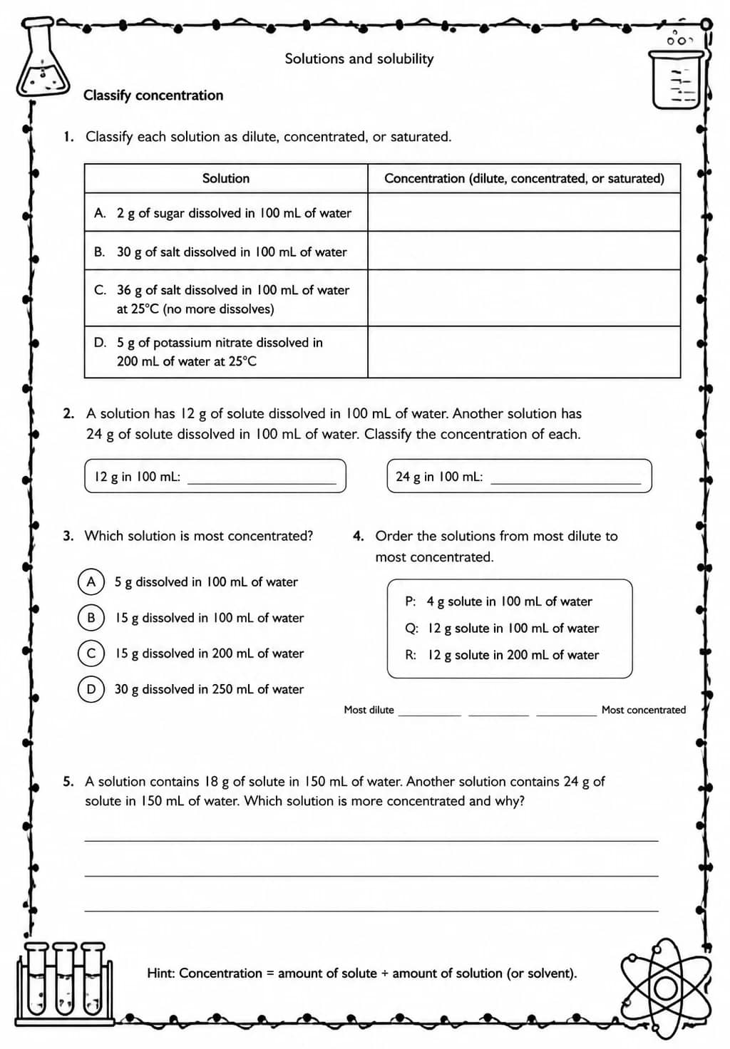 Classify concentration — free printable High School Science worksheet
