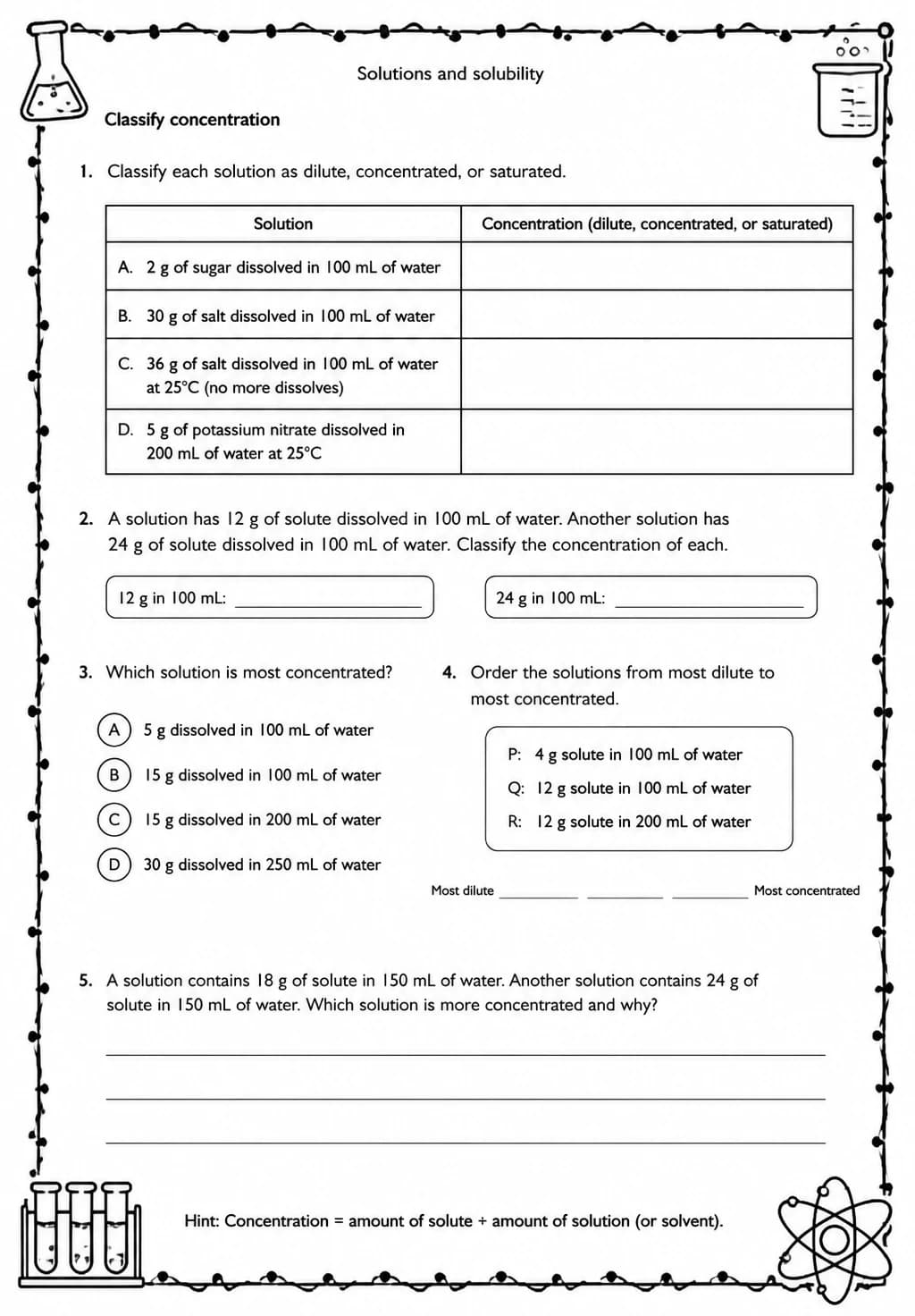 Classify concentration — free printable High School Science worksheet