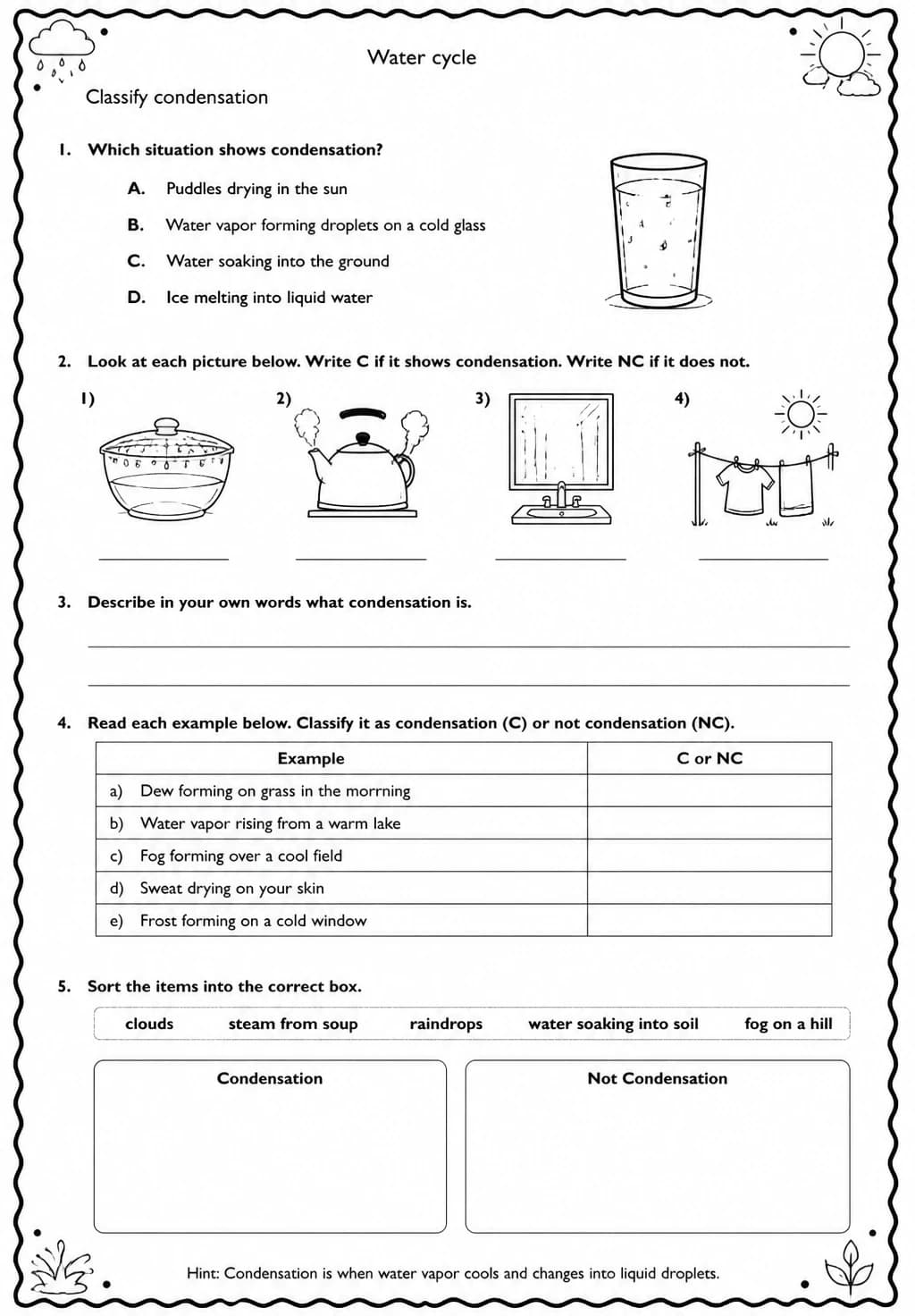 Classify condensation — free printable Grade 5 Science worksheet