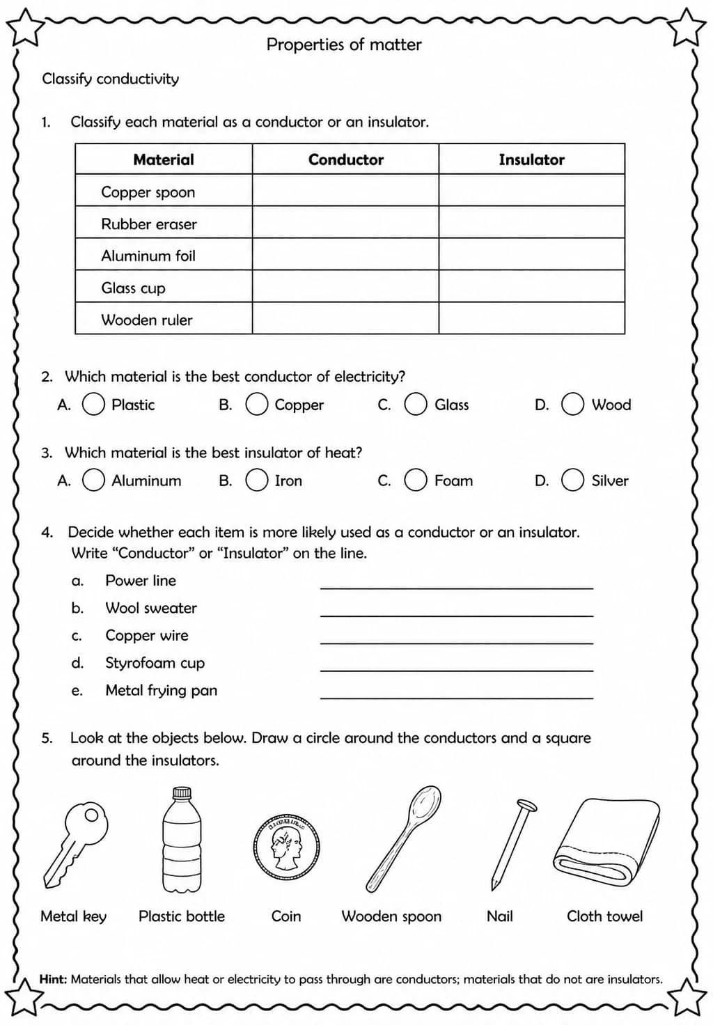 Classify conductivity — free printable Grade 5 Science worksheet