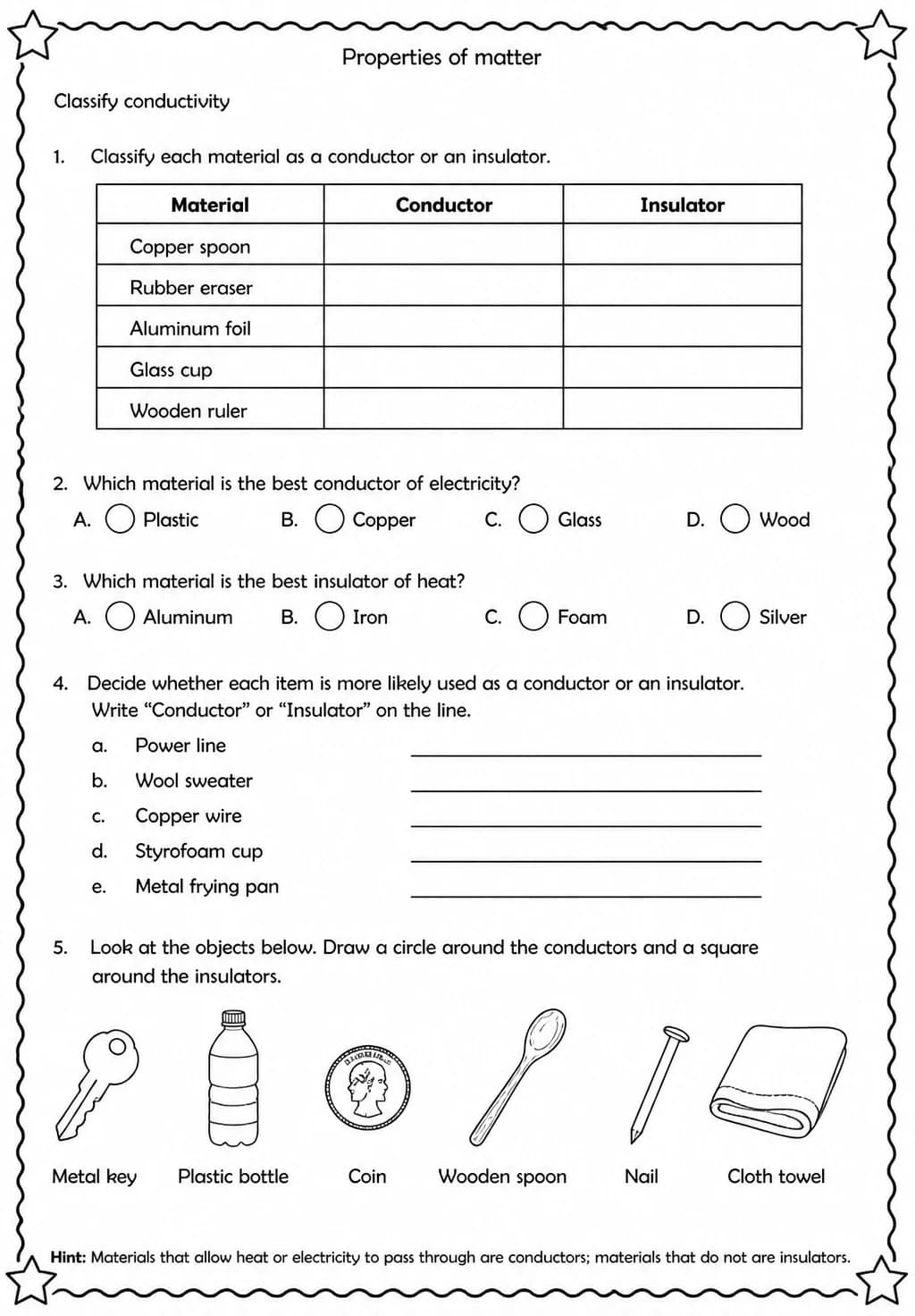 Classify conductivity — free printable Grade 5 Science worksheet
