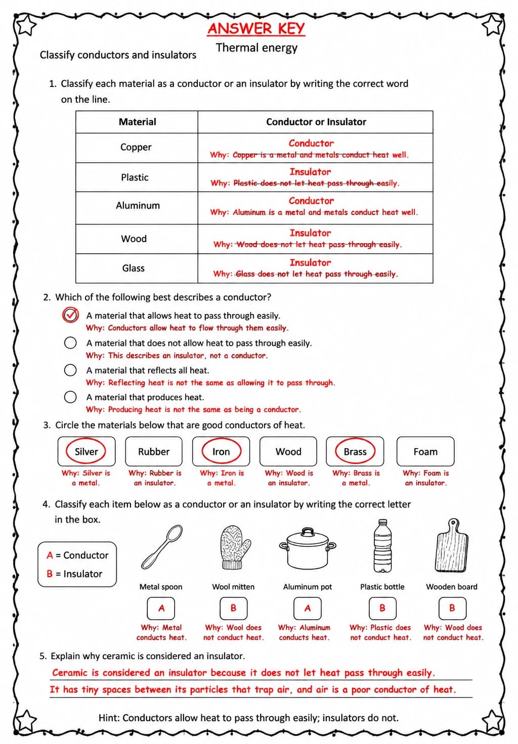 Answer key for Classify conductors and insulators — free printable Science worksheet