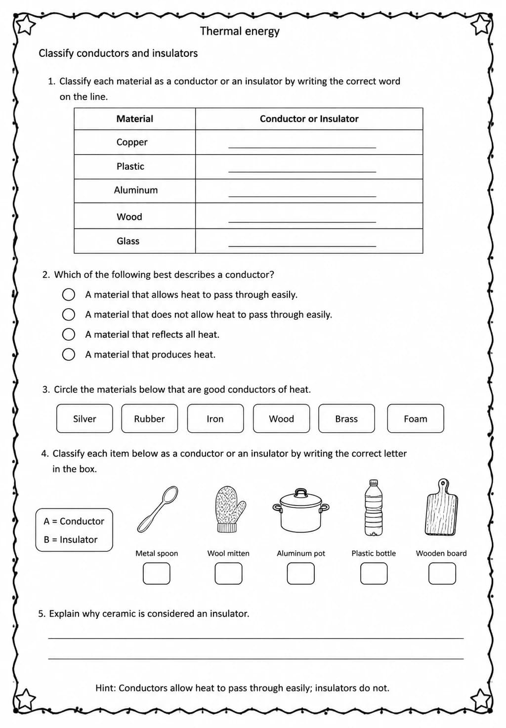 Classify conductors and insulators — free printable Middle School Science worksheet