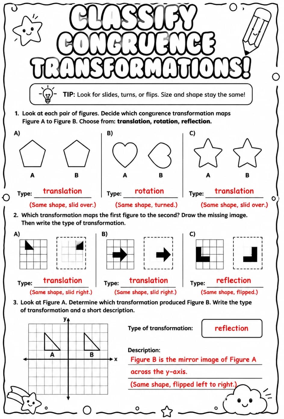 Answer key for Classify congruence transformations — free printable Math worksheet