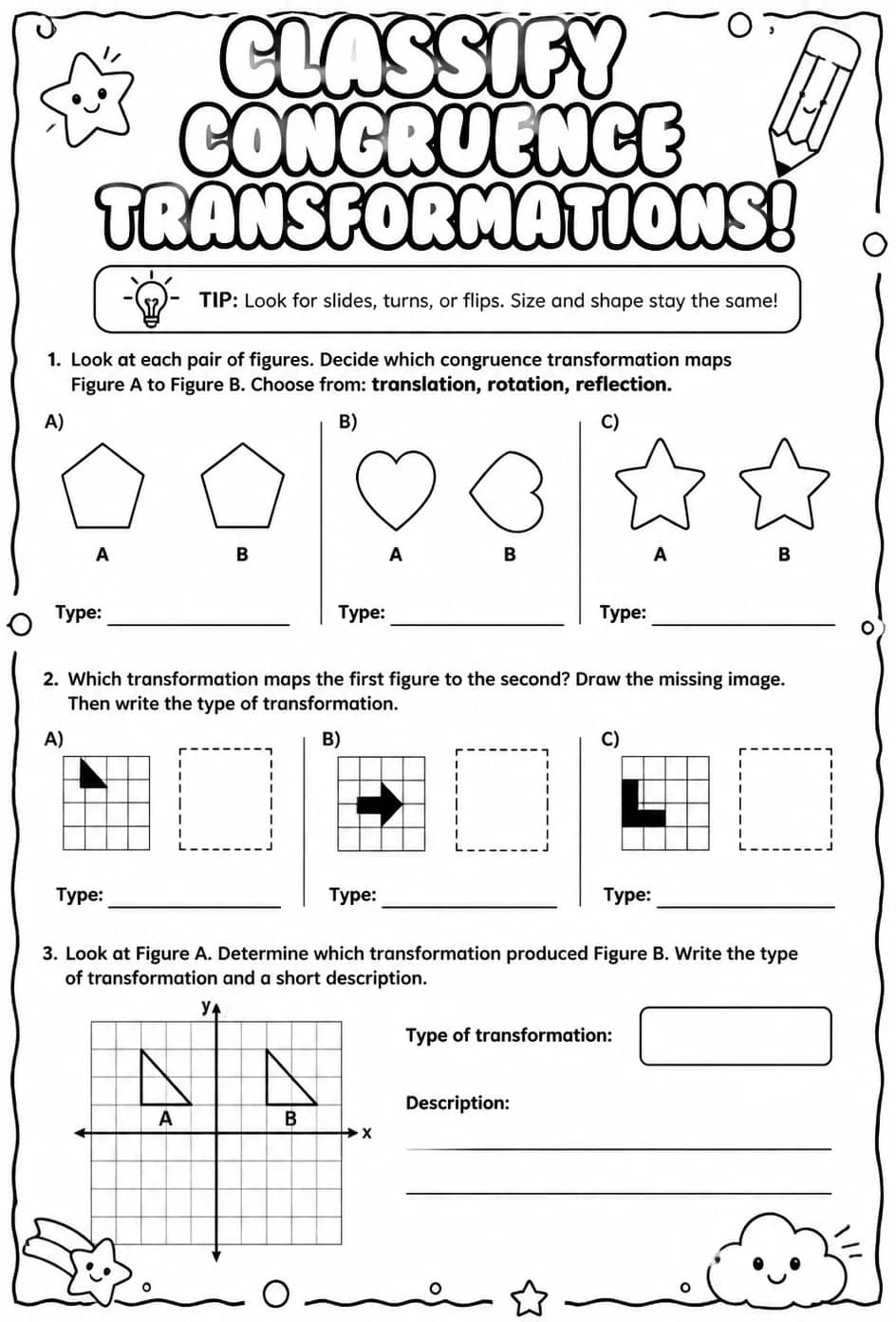 Classify congruence transformations — free printable Geometry math worksheet