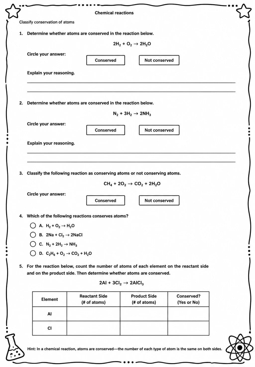 Classify conservation of atoms — free printable Middle School Science worksheet