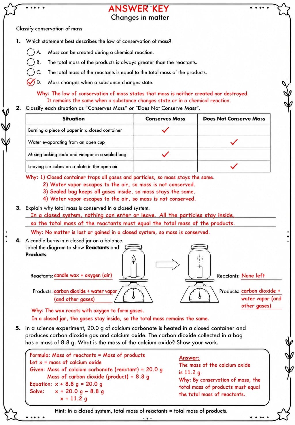 Answer key for Classify conservation of mass — free printable Science worksheet