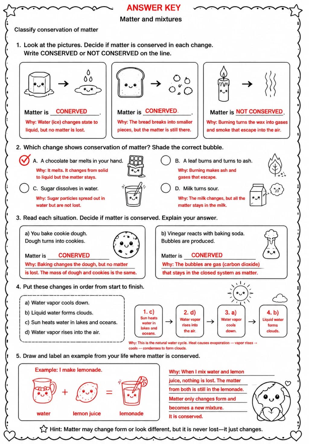 Answer key for Classify conservation of matter — free printable Science worksheet