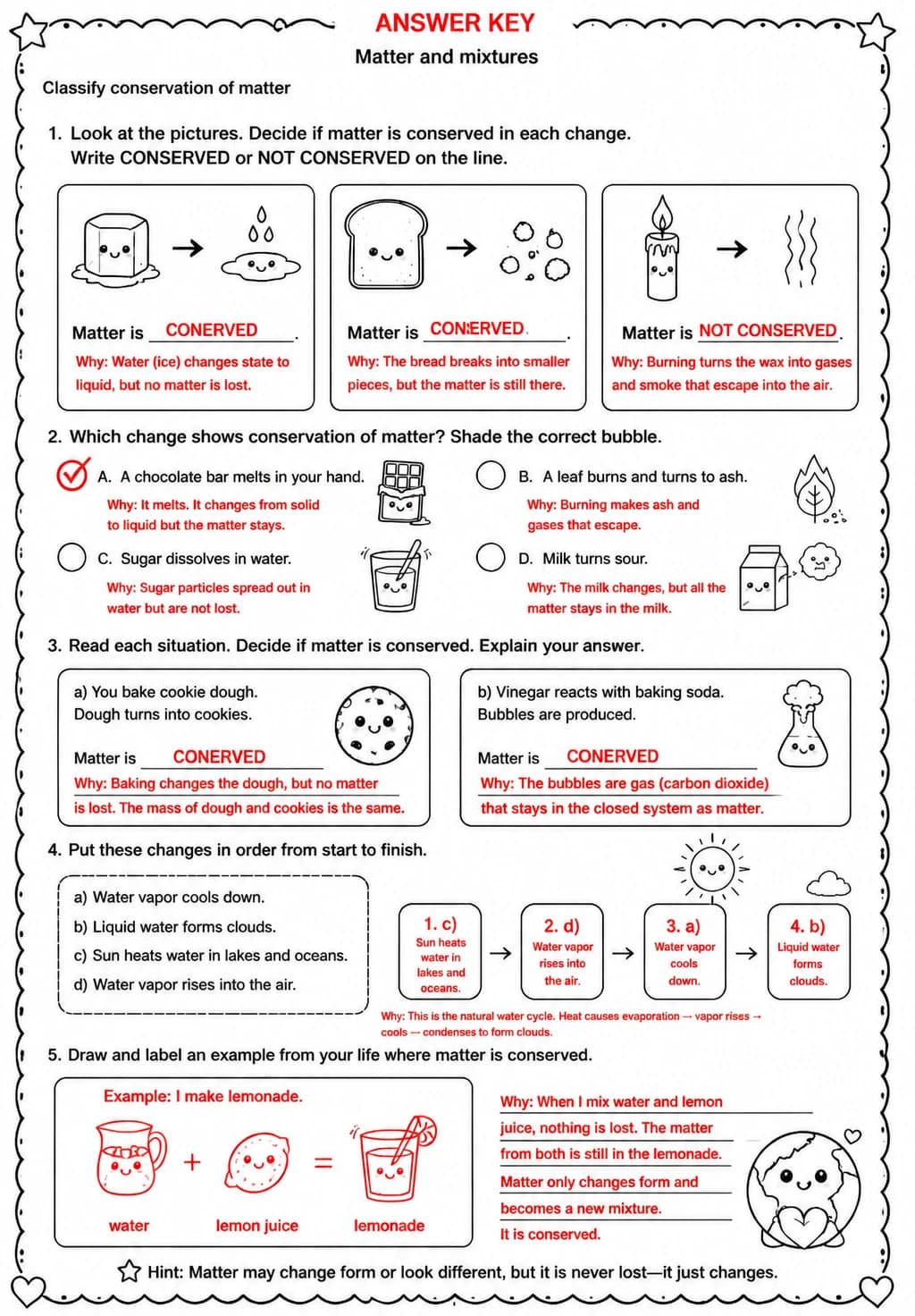 Answer key for Classify conservation of matter — free printable Science worksheet