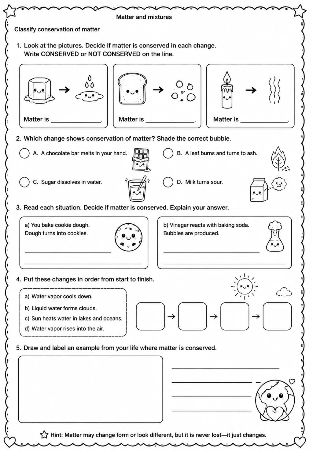 Classify conservation of matter — free printable Grade 4 Science worksheet