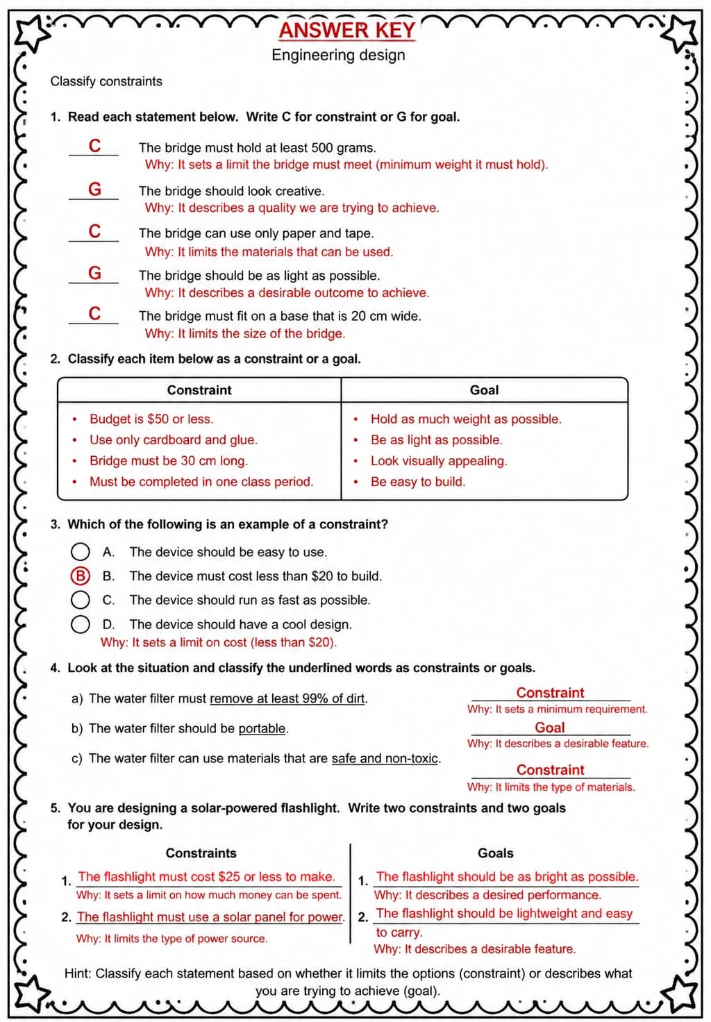 Answer key for Classify constraints — free printable Science worksheet